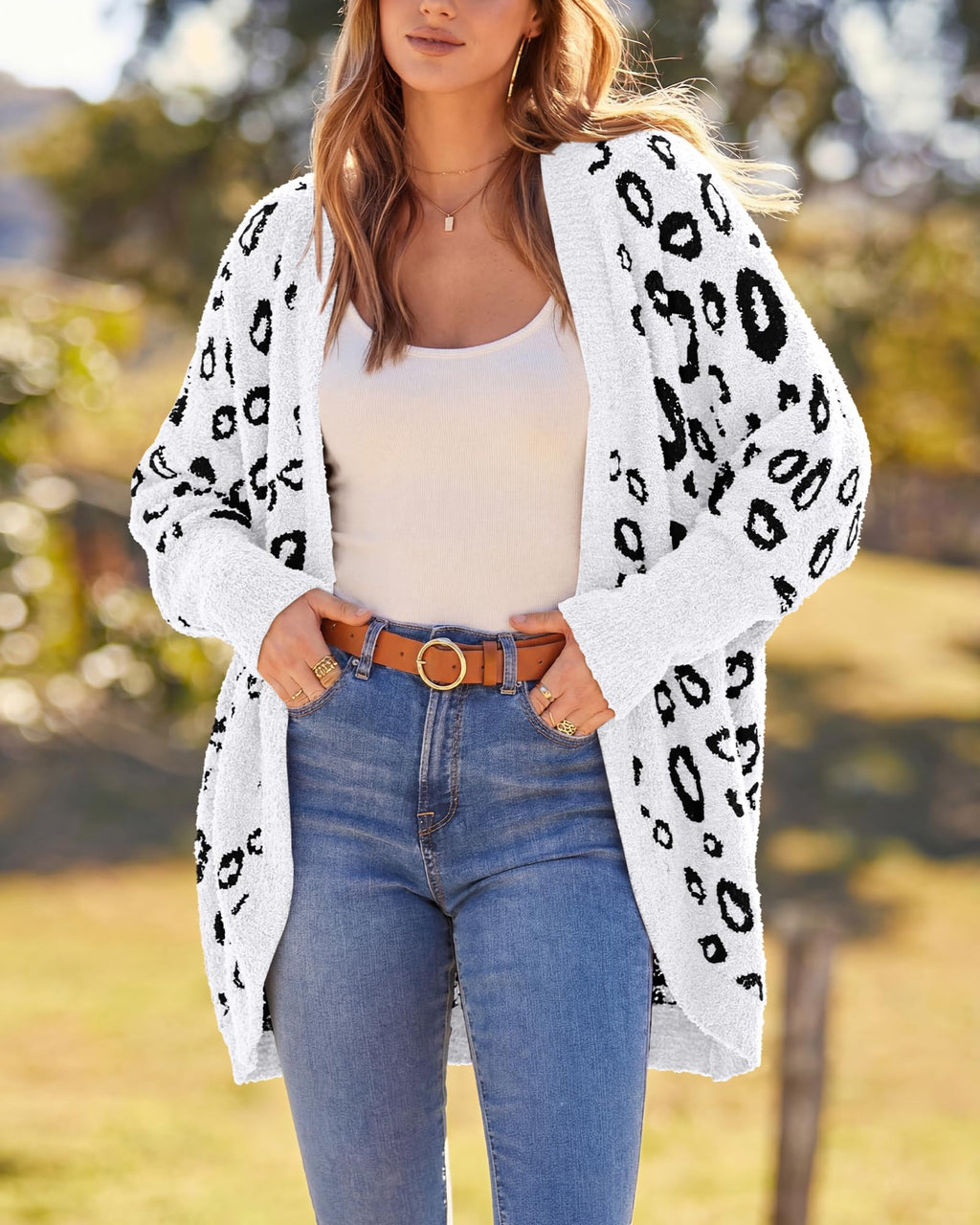 BTFBM Leopard Cardigan for Women Long Sleeve Open Front Cardigans Sweaters Pockets Loose Knit Fall Spring Outwear
