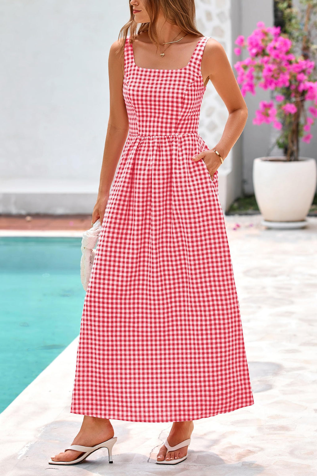 PRETTYGARDEN Women's Summer Spaghetti Strap Maxi Dresses Plaid Square Neck A Line Casual Beach Vacation Long Sundress