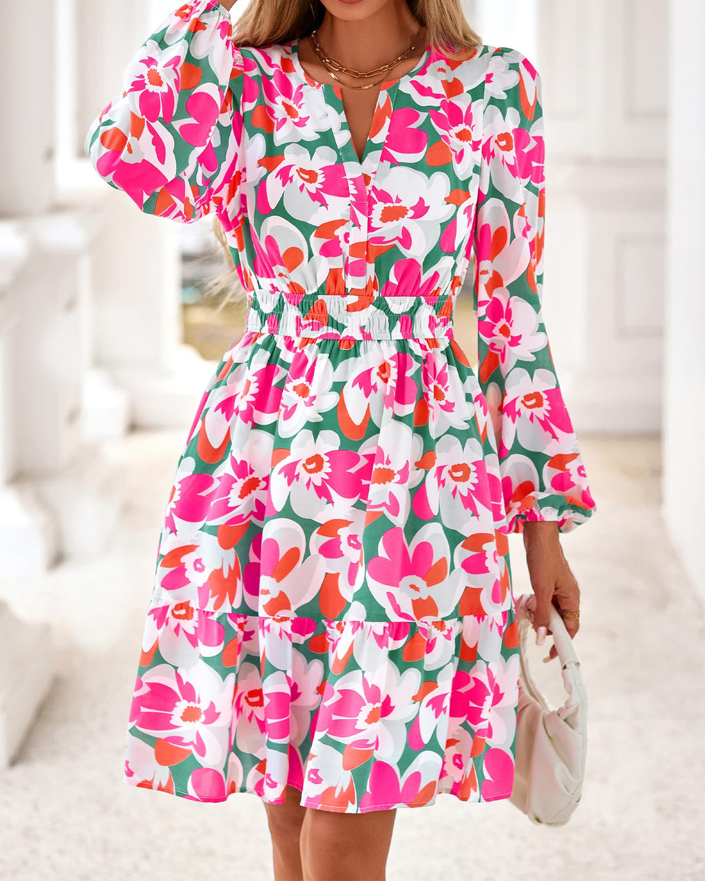 BTFBM Spring Dresses for Women Mini Long Sleeve Elastic Waist Summer Vacation Outfits Floral Wedding Guest Dress