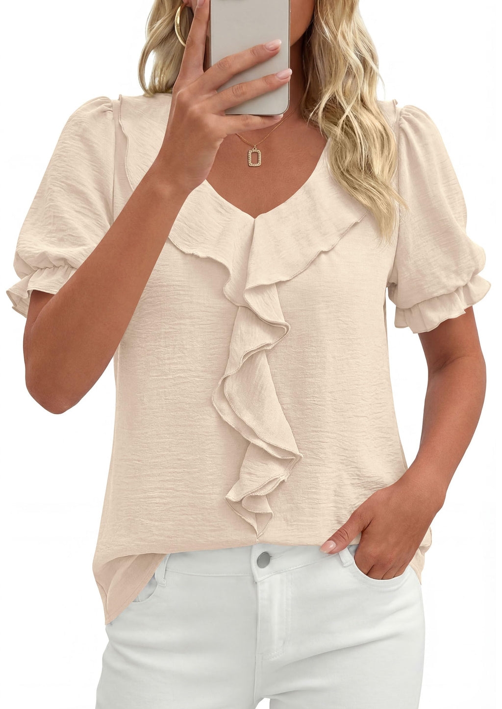 PRETTYGARDEN Women's Summer Dressy Casual Blouses Short Sleeve V Neck Ruffle Business Work Tops Trendy Spring Outfits