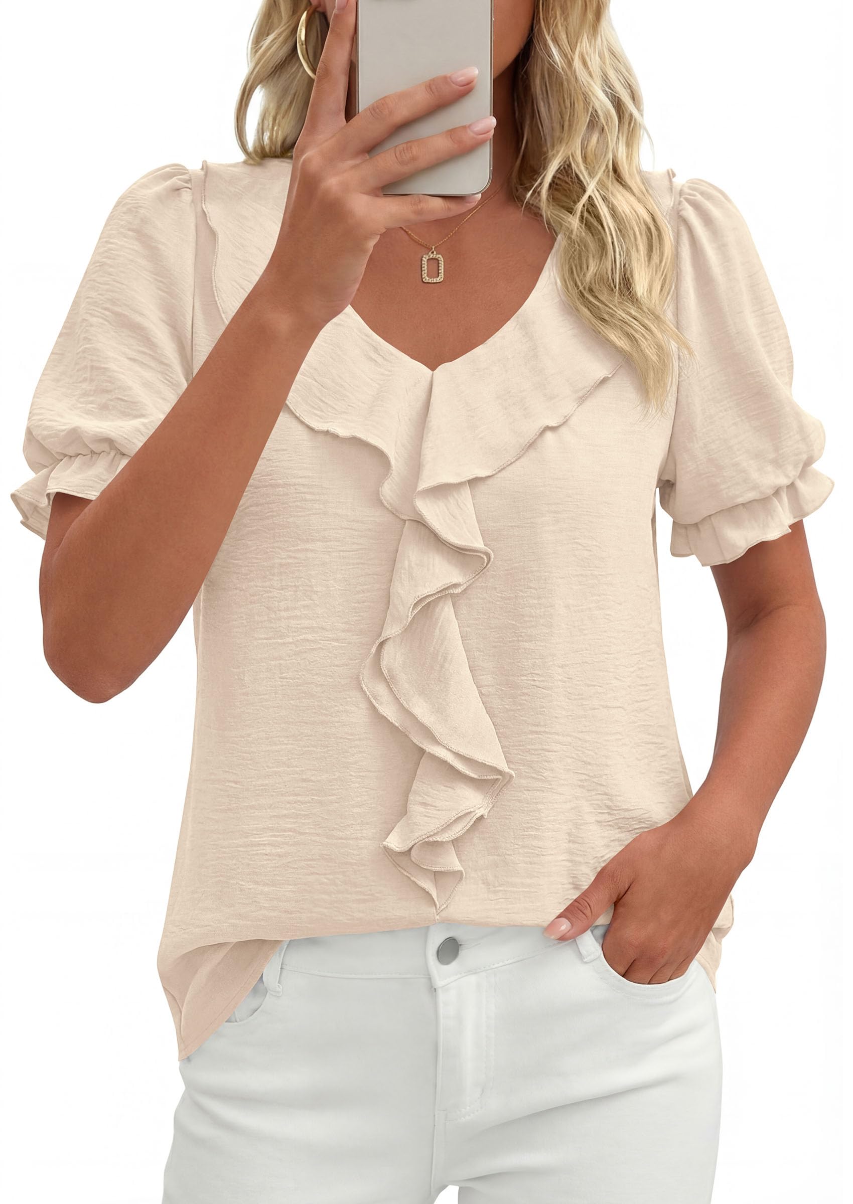 PRETTYGARDEN Women's Summer Dressy Casual Blouses Short Sleeve V Neck Ruffle Business Work Tops Trendy Spring Outfits