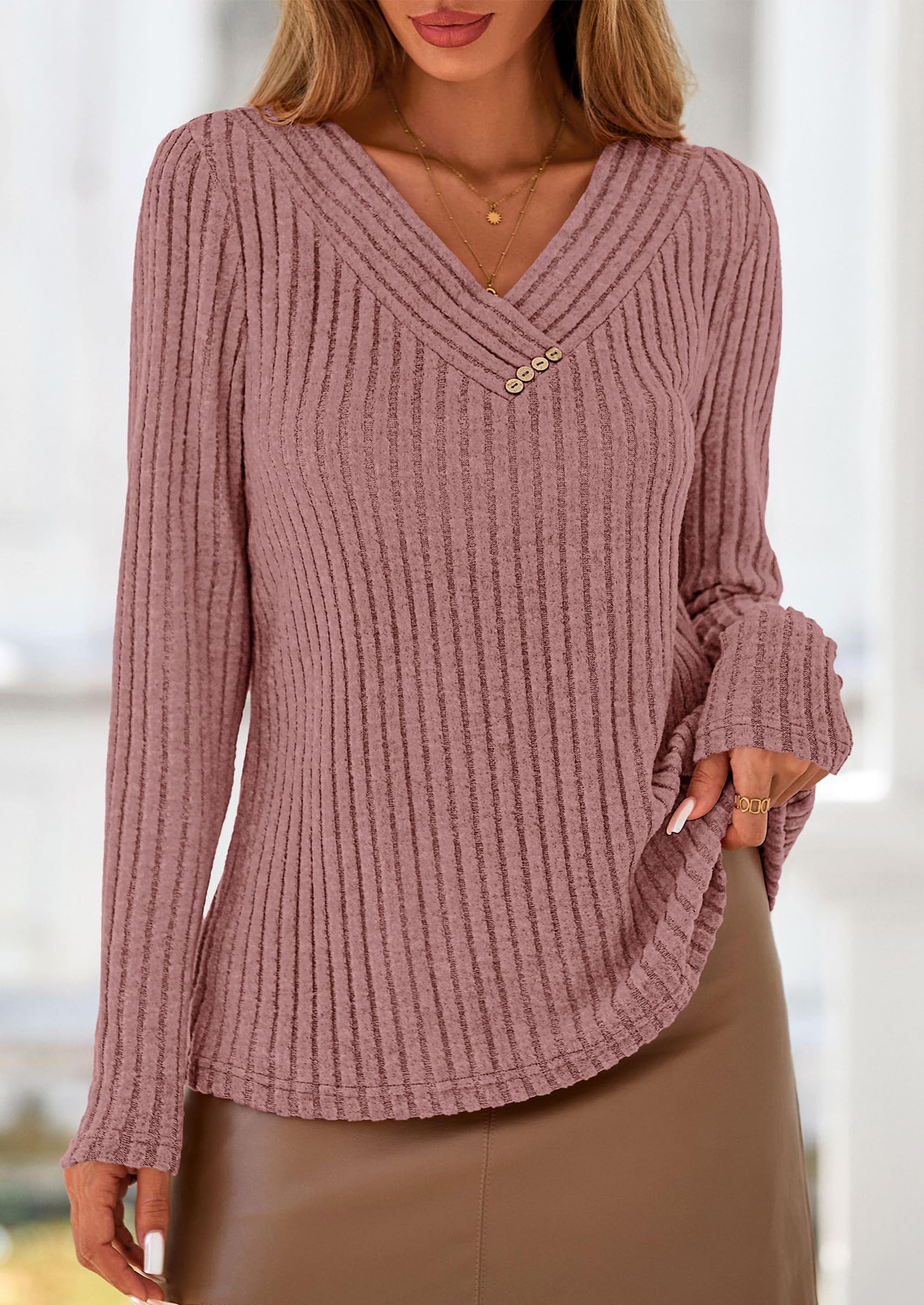 PRETTYGARDEN Women's Long Sleeve Shirts Fall Fashion Clothes Casual Ribbed V Neck Loose Tunic Tops Lightweight Sweaters