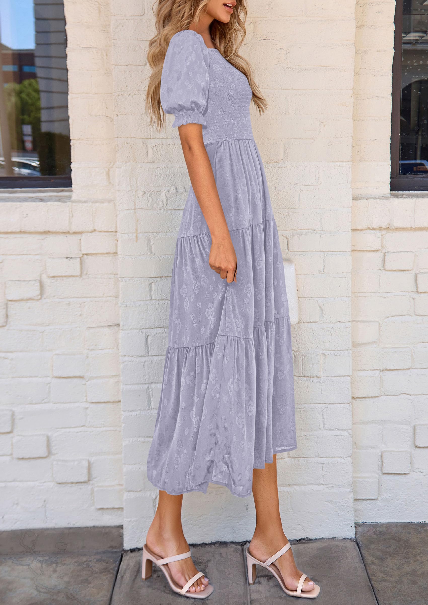 PRETTYGARDEN Women's Summer Casual Midi Dresses Square Neck Short Sleeve Smocked A Line Floral Flowy Elegant Boho Dress