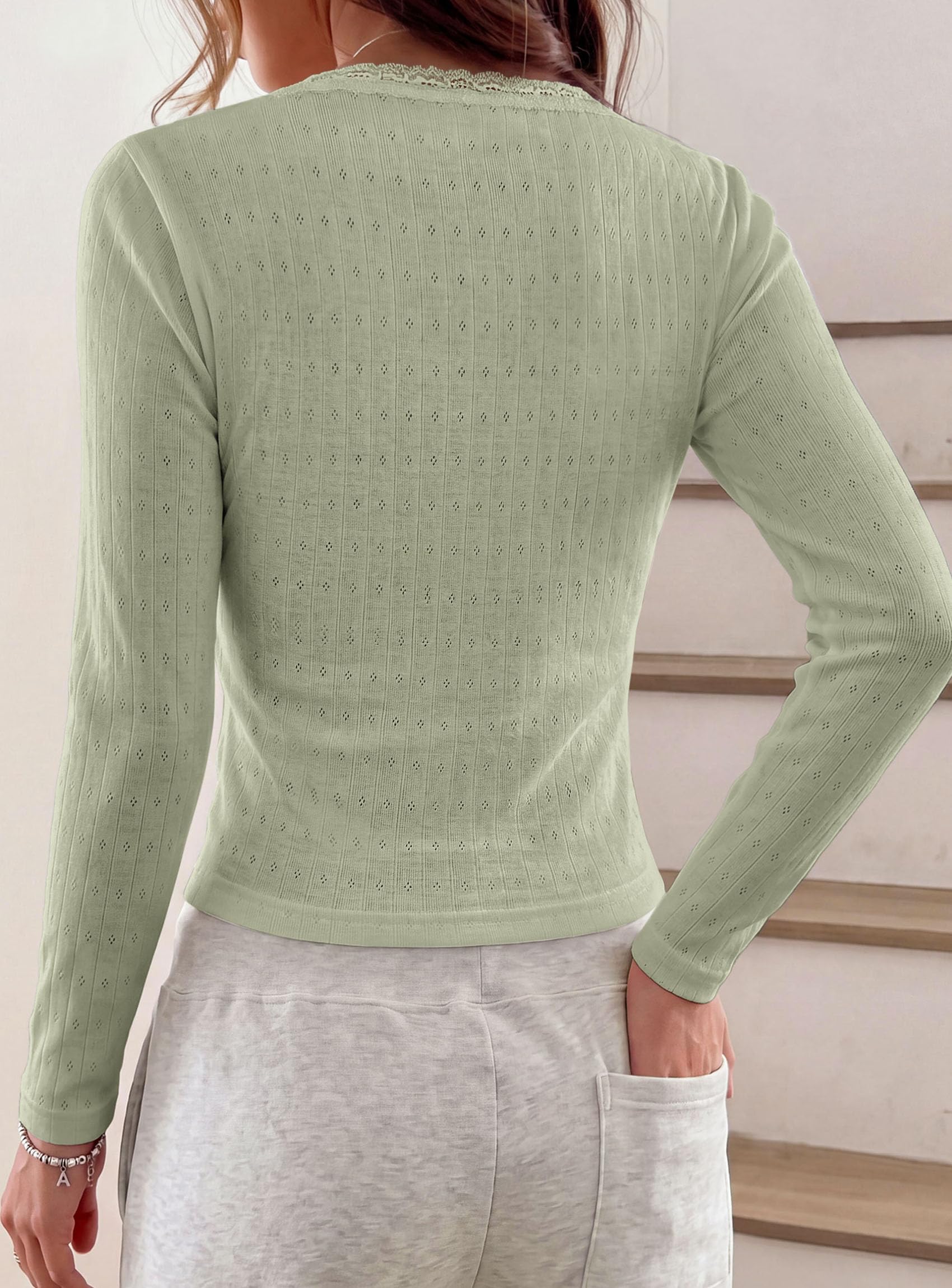 PRETTYGARDEN Womens Long Sleeve Henley Shirts Going Out Tops Lace Trim Square Neck, Slim Fitted Basic Tees, Soft Comfy Jacquard Fabric, Casual Wear, Fall Outfits, Y2K Fashion Clothing