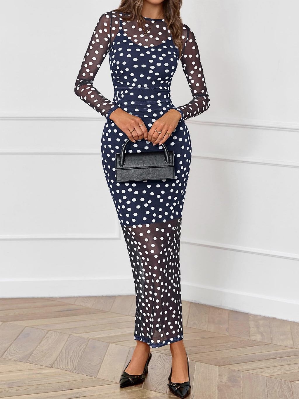 BTFBM Spring Dresses for Women 2 Piece Set Long Sleeve Polka Dot Sexy Bodycon Mesh Dress and Slip Dress Wedding