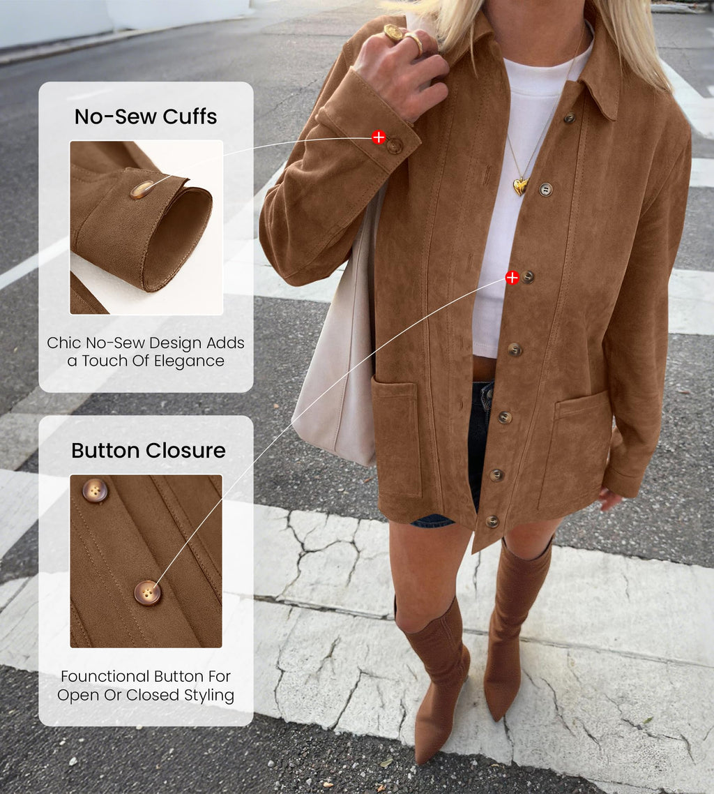 BTFBM Faux Suede Jacket Women Fall Fashion Leather Jackets Long Sleeve Button Down Winter Coats Shackets Outerwear