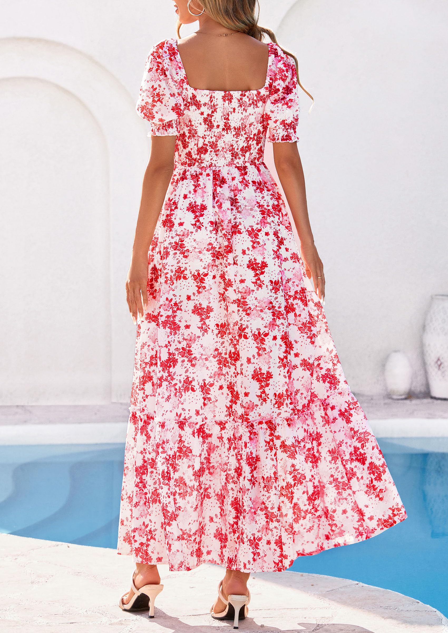 PRETTYGARDEN Women's Floral Boho Maxi Dresses Flowy Short Sleeve A Line Smocked Eyelet Summer Beach Vacation Clothes