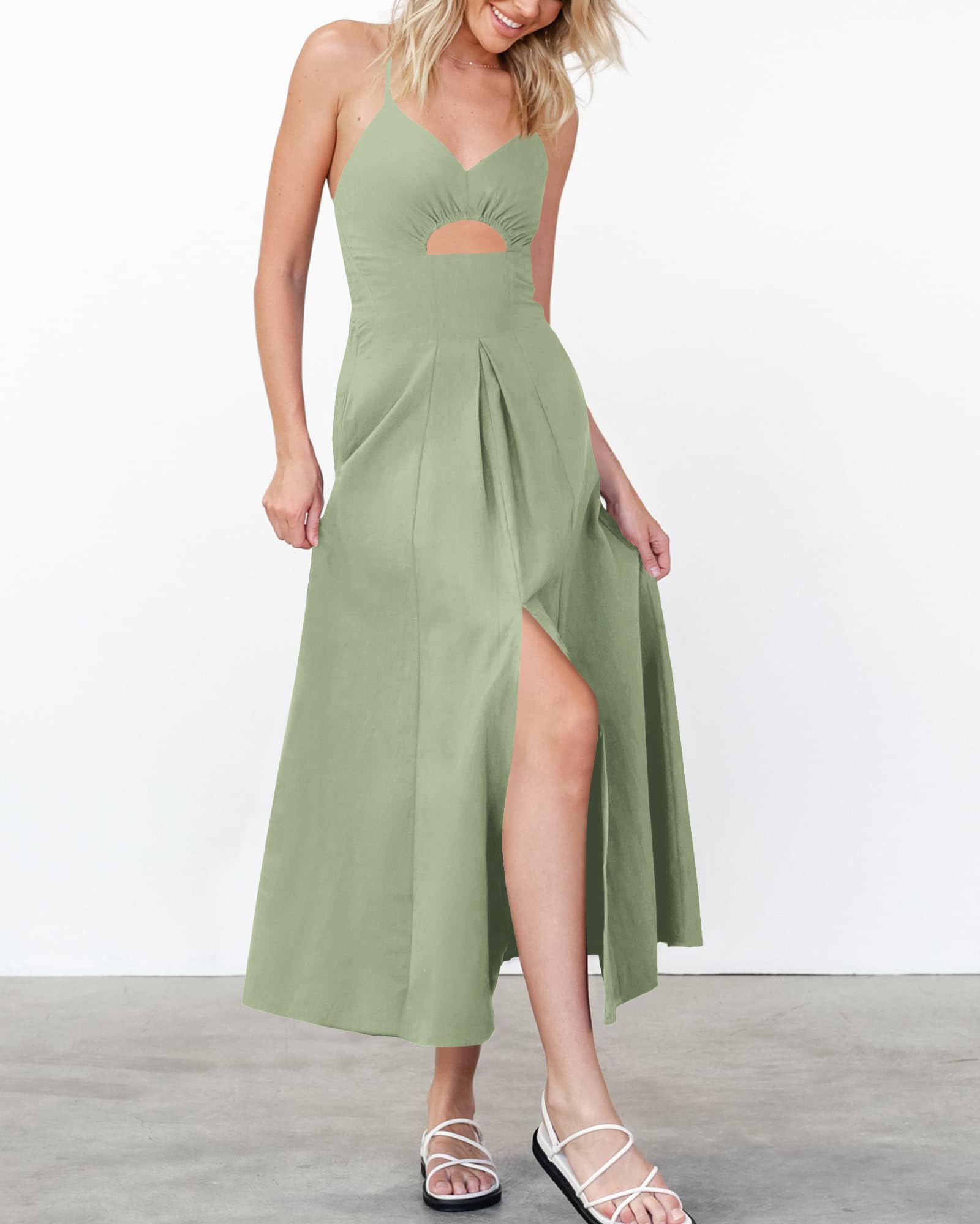BTFBM Women Spaghetti Strap Midi Summer Dresses Sleeveless V Neck Cutout Slit Casual Beach Party Maxi Dress Pockets