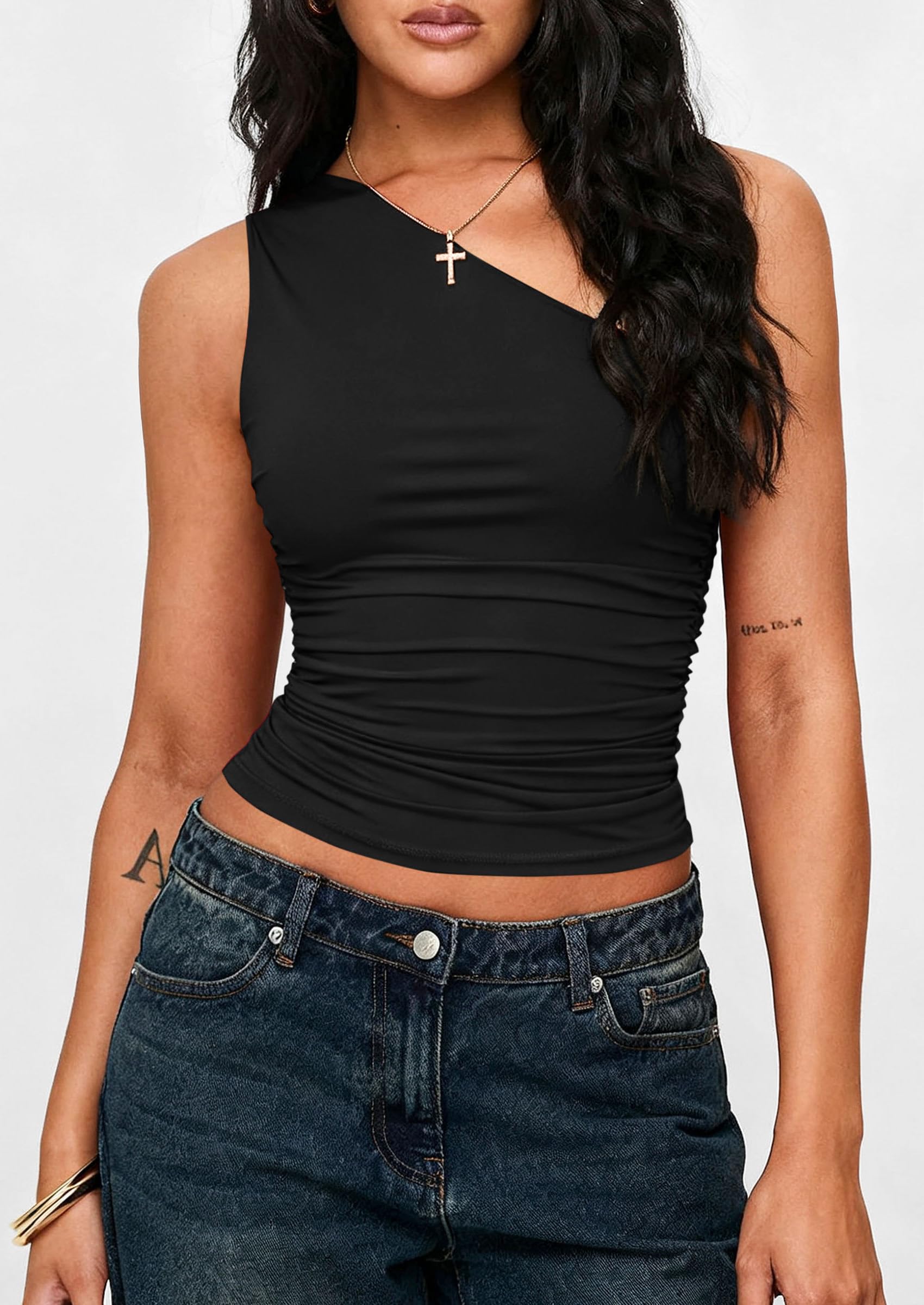 PRETTYGARDEN Womens Sleeveless One Shoulder Tank Top Ruched Slim Fit Shirts Basic Crop Y2k Tops  Spring Fashion Clothing