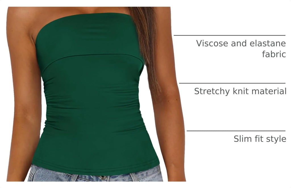 Womens Strapless Tube Tops Spring Summer Clothes Trendy Casual Ruched Stretchy Going Out Bodycon Bandeau Top