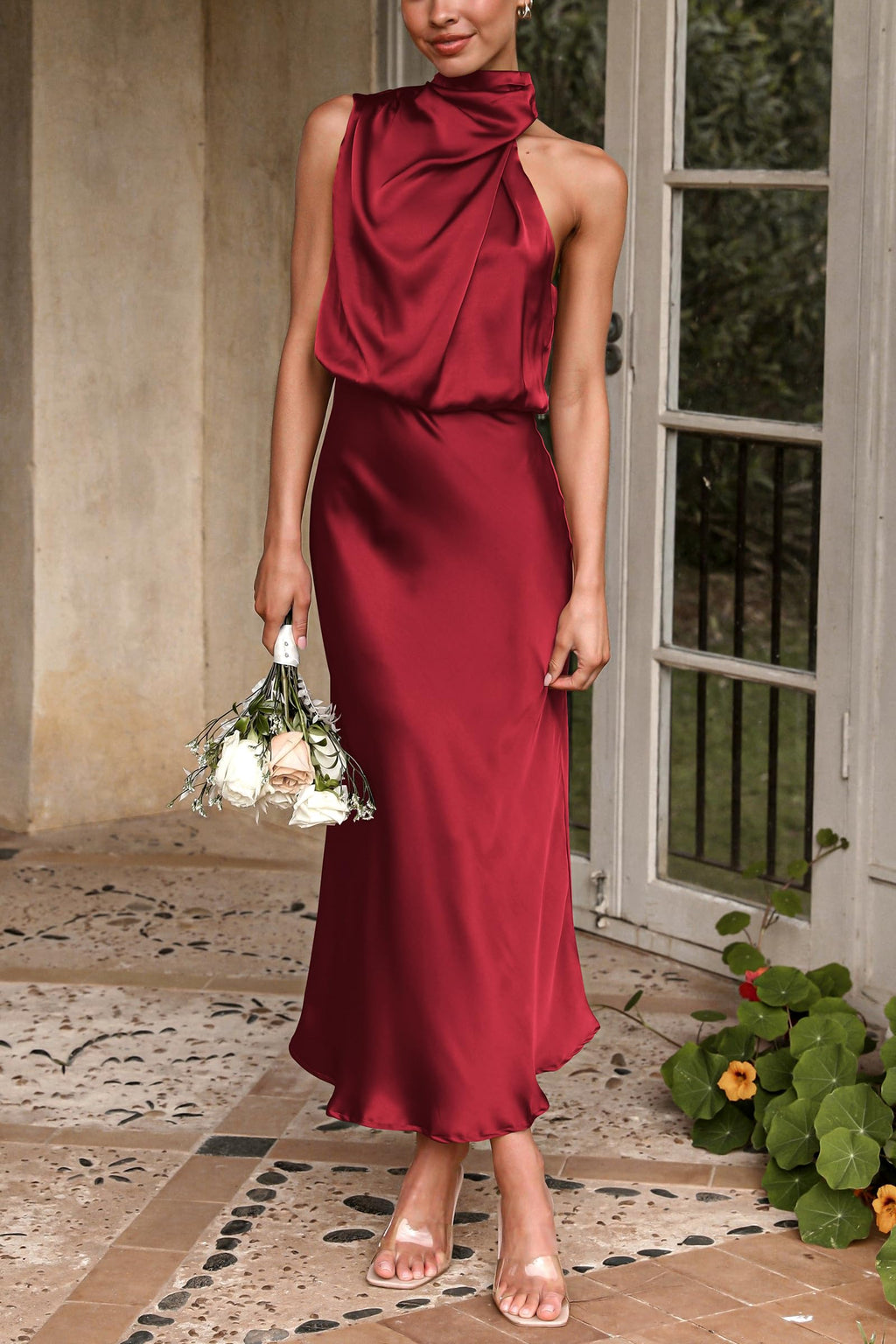PRETTYGARDEN Women's Summer Satin Dress Elegant Sleeveless Mock Neck Cocktail Party Maxi Dresses