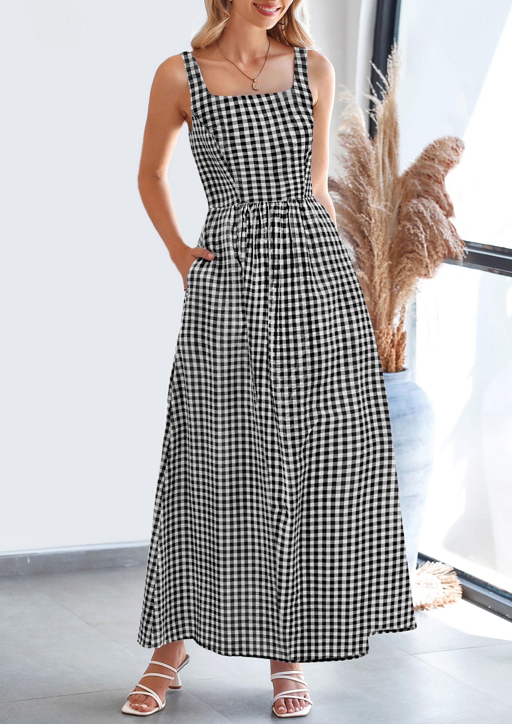 PRETTYGARDEN Women's Summer Spaghetti Strap Maxi Dresses Plaid Square Neck A Line Casual Beach Vacation Long Sundress