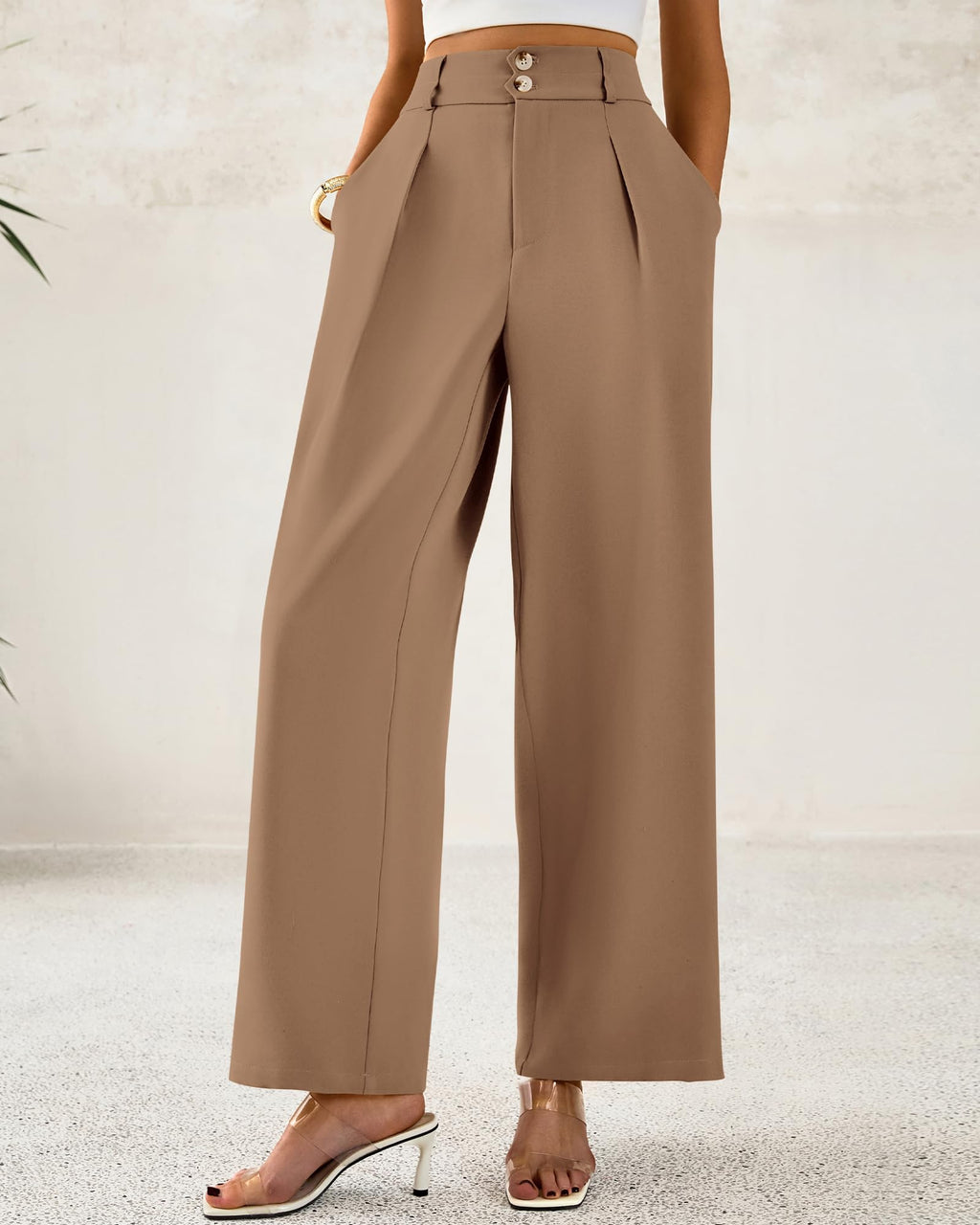 BTFBM Women Wide Leg Dress Pants High Waisted Button Pleated Business Casual Trousers Office Work Palazzo Pants