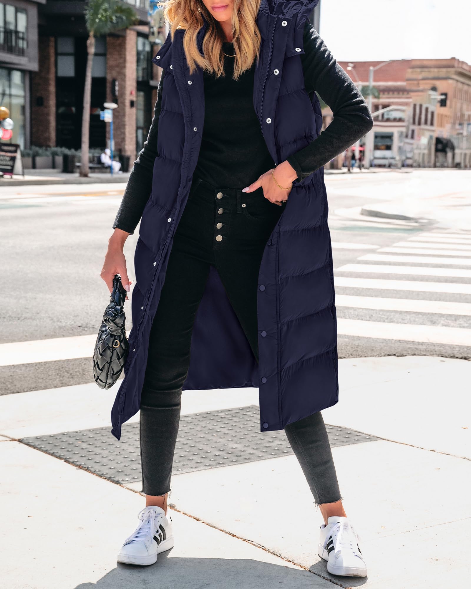 FreshPretty Long Puffer Vest Women Quilted Hooded Button Down Zip Up Sleeveless Vests Outerwear Padded Jacket Fall Winter Coat