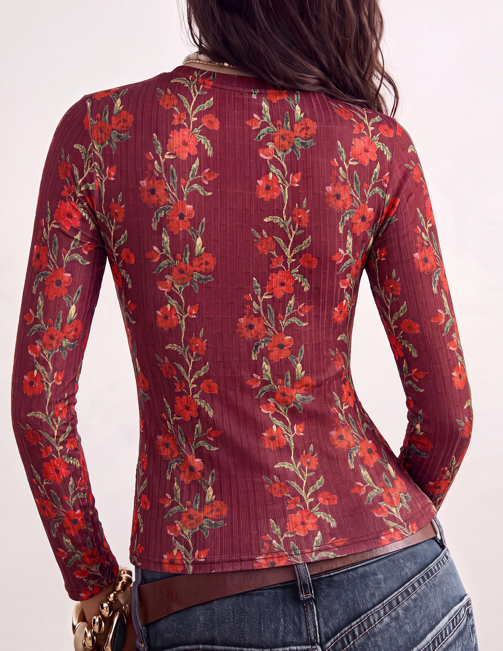 PRETTYGARDEN Womens Long Sleeve Shirts Floral Y2K Tops Soft Lightweight Ribbed Knit Top,Fitted Waist,Crew Neck Slim Fit,Going Out Vacation Outfits,Layering Fall Winter Clothes
