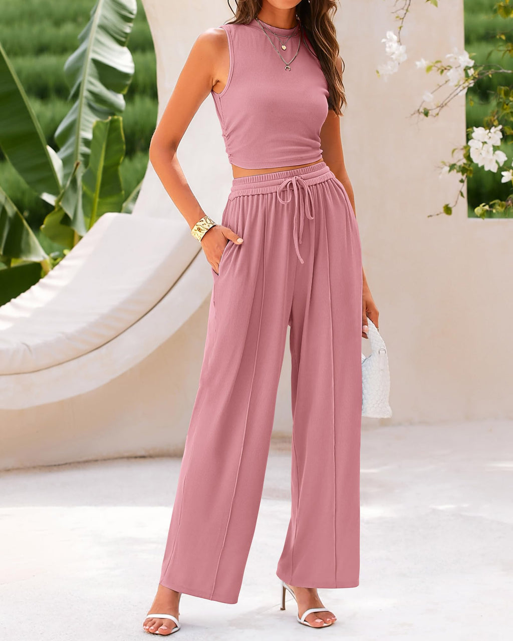 BTFBM Summer Outfits For Women Cropped Sleeveless Tank Tops Wide Leg Pants 2 Piece Sets Beach Lounge Set Clothing