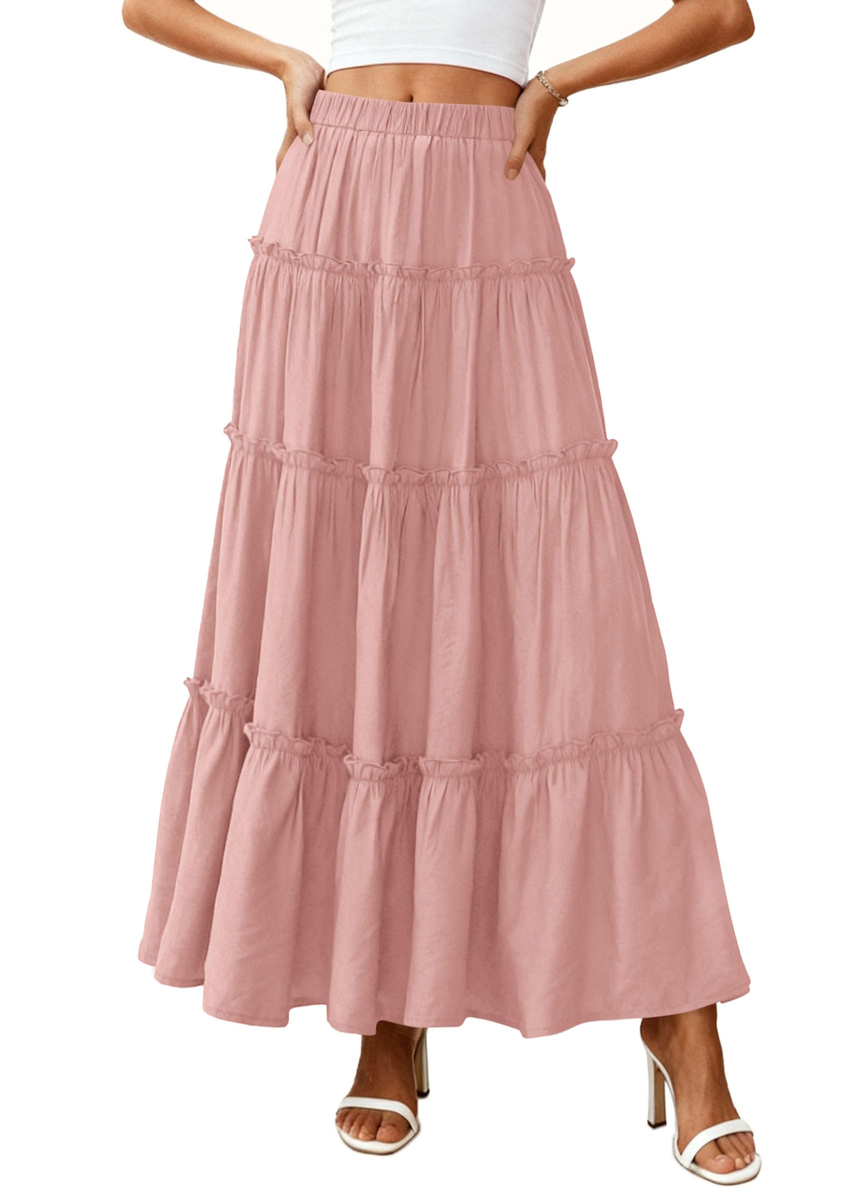 PRETTYGARDEN Women's Tiered Maxi Skirt Summer Spring Fashion High Waisted Long Flowy Casual Boho Beach Vacation Clothes