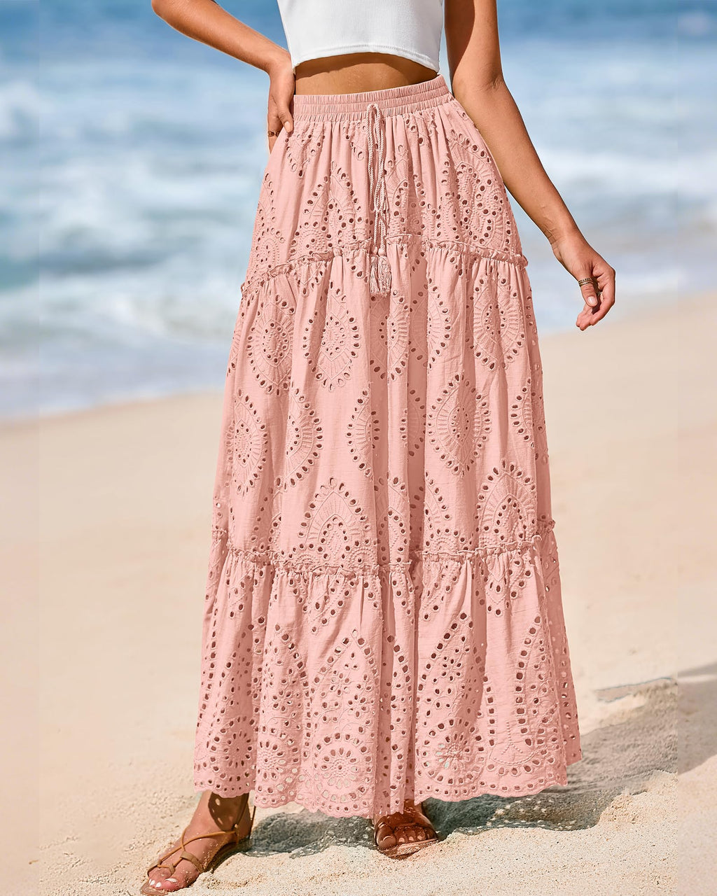 BTFBM Long Skirts for Women Summer Boho Lace Embroidery High Waist Flowy Tiered Spring Maxi Skirt Beach Vacation