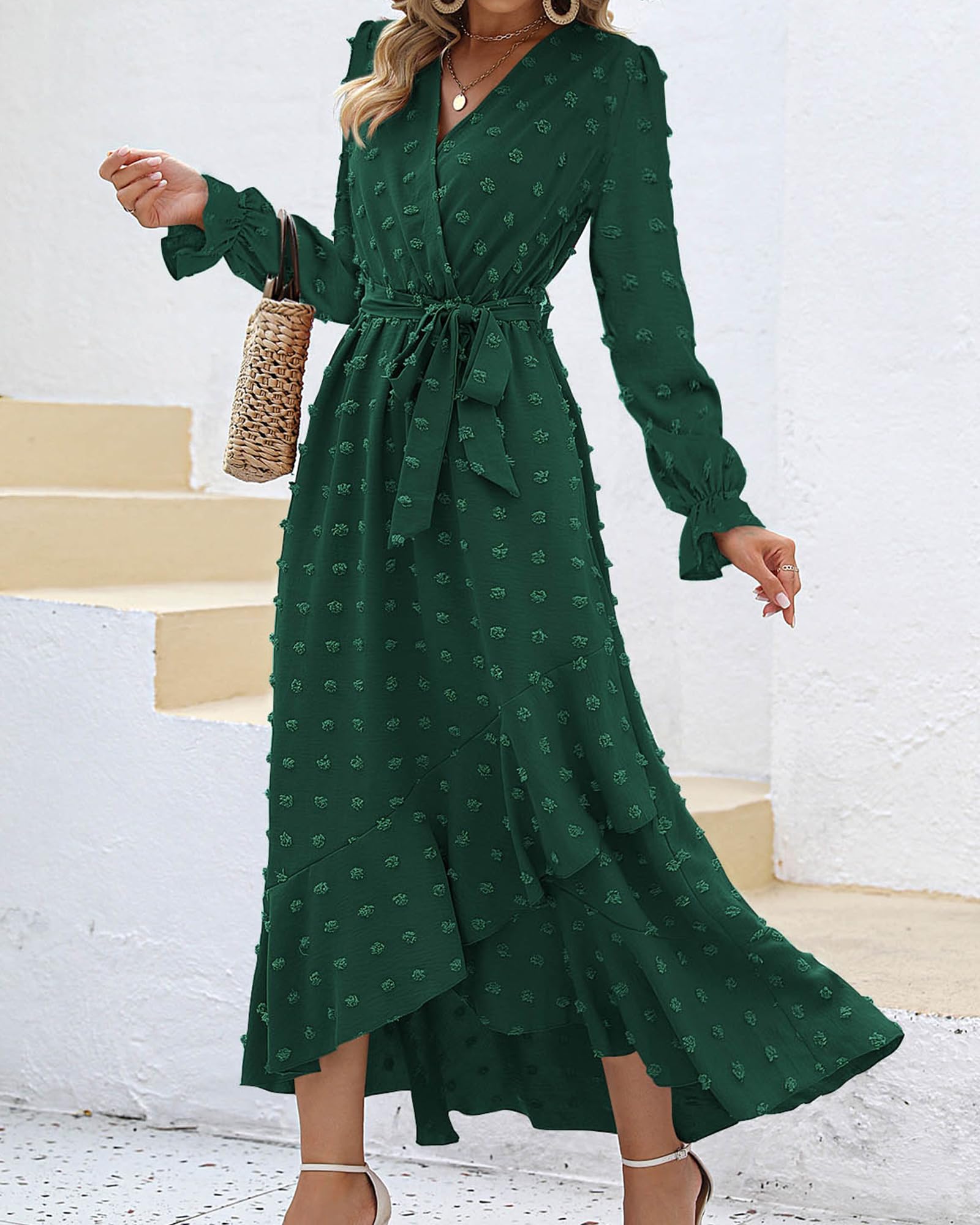 FreshPretty Long Sleeve Maxi Dresses for Women V Neck Swiss Dot Boho Flowy Slit Cocktail Wedding Guest Dress Fall Clothes