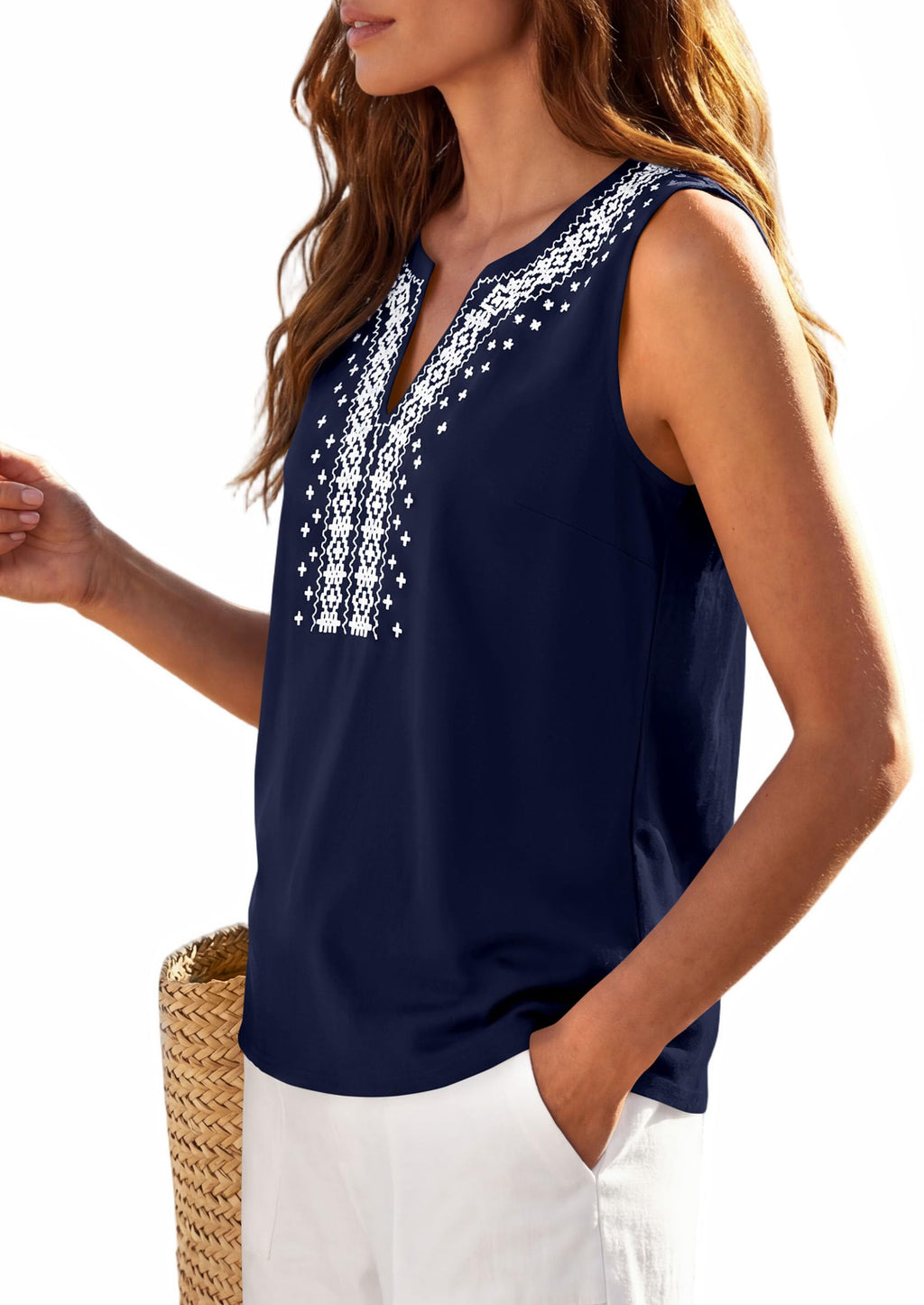 PRETTYGARDEN Womens Tank Tops Summer Causal V Neck Sleeveless Shirts Floral Print Embroidered Beach Vacation Boho Top
