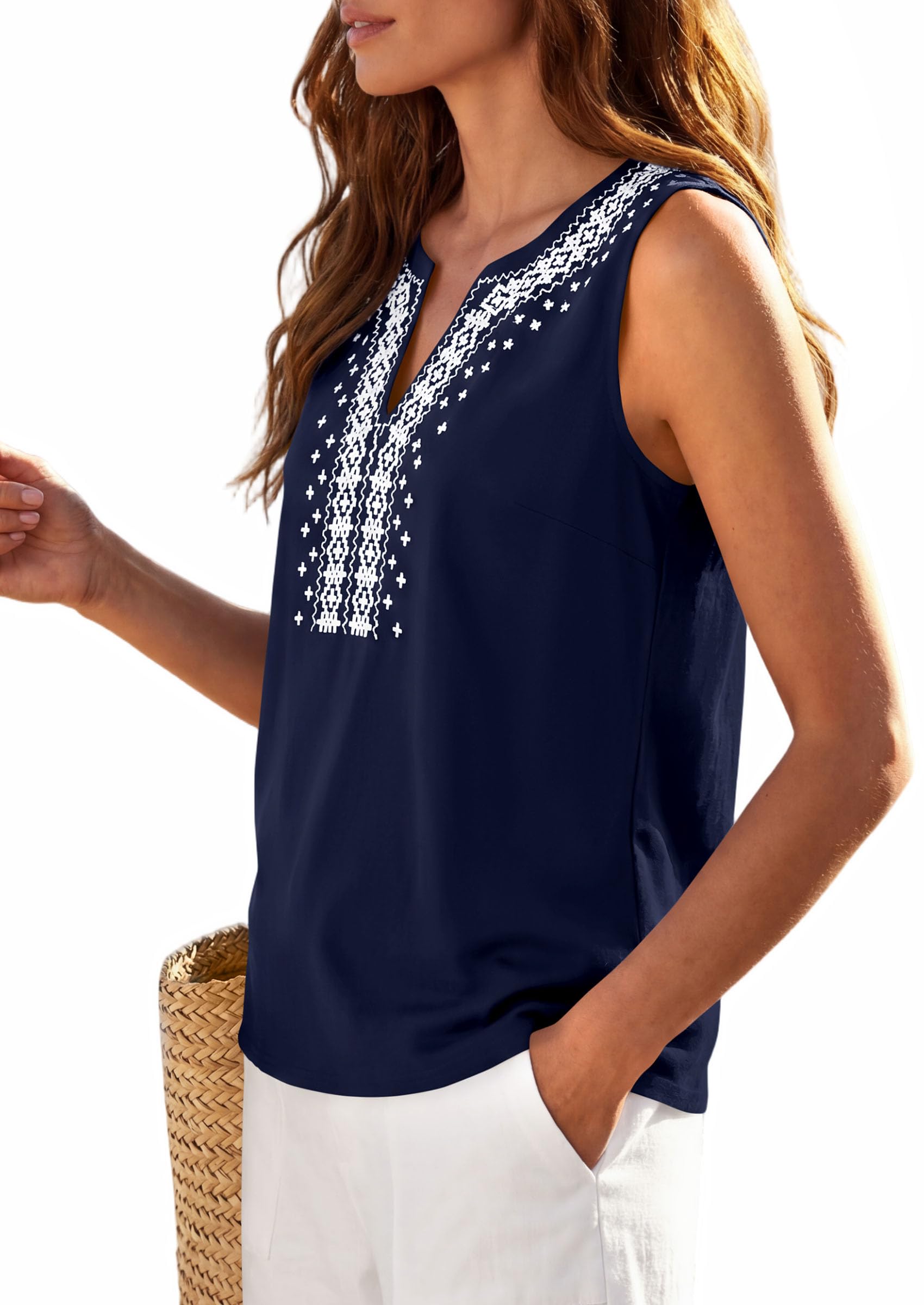 PRETTYGARDEN Womens Tank Tops Summer Causal V Neck Sleeveless Shirts Floral Print Embroidered Beach Vacation Boho Top