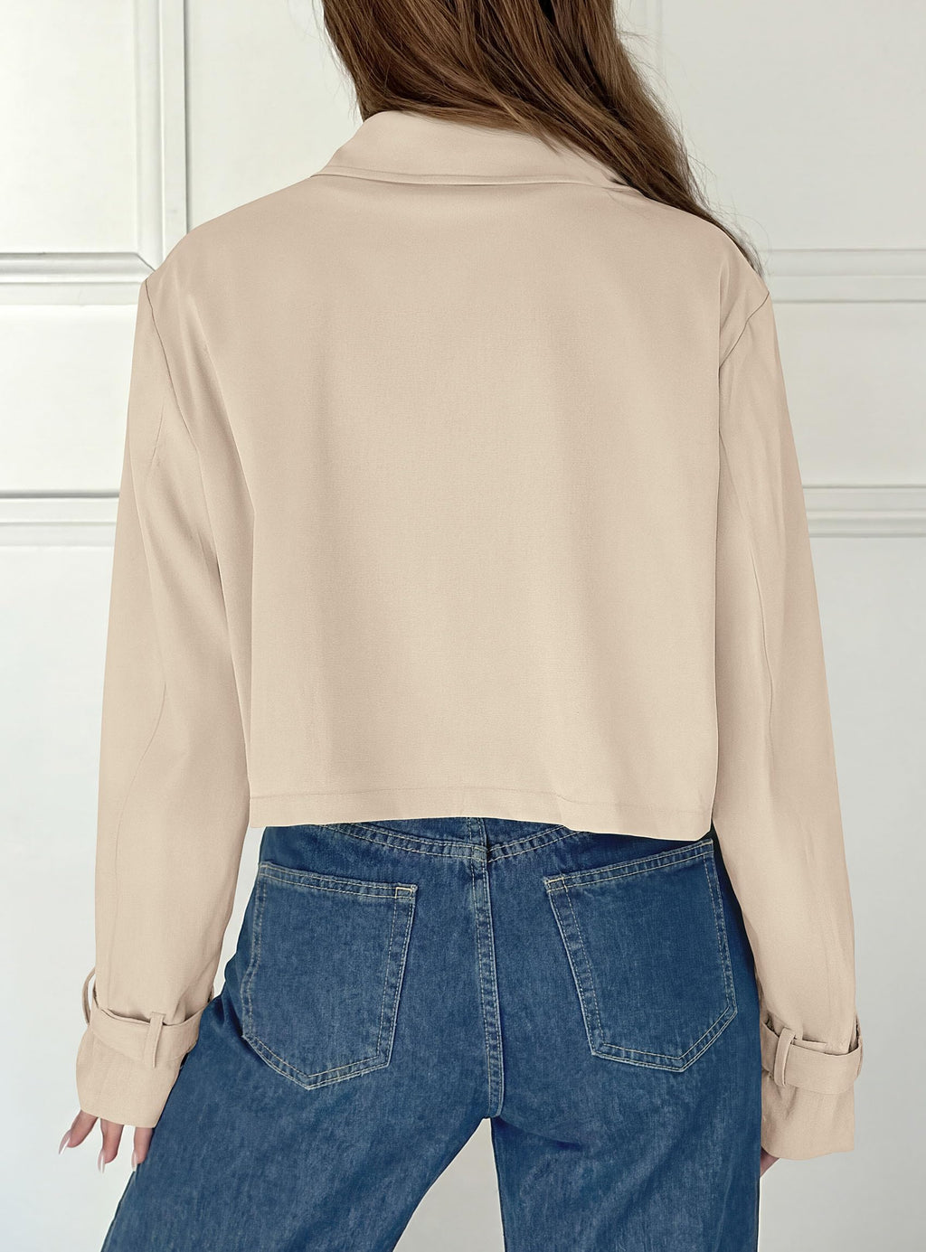 PRETTYGARDEN Cropped Trench Coat For Women Short Jacket,Soft Lightweight Coats, Lapel Double Breasted, Long Sleeve Loose Fit, Casual Work Office Jackets, Fall Winter Outwear