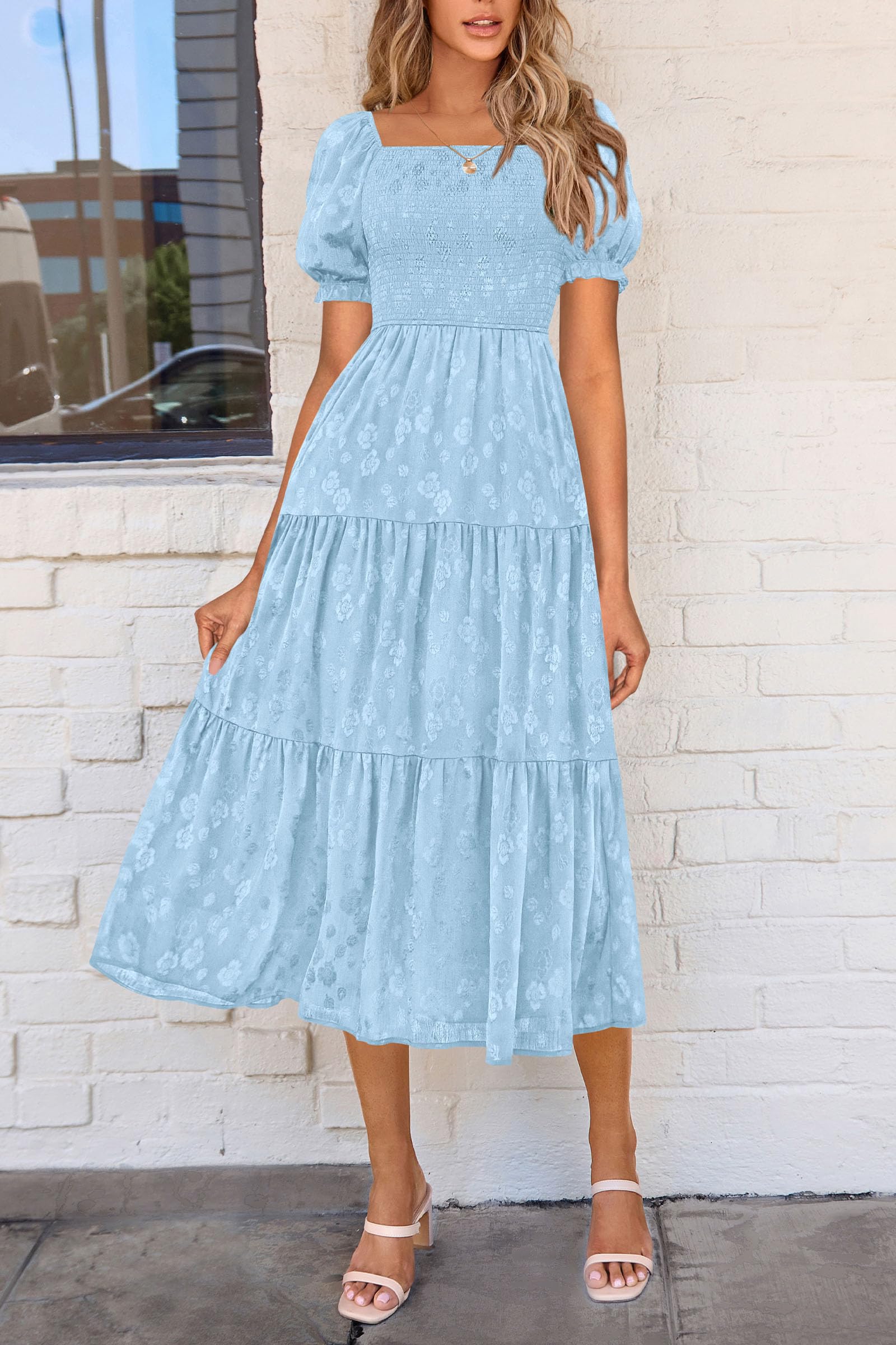 PRETTYGARDEN Women's Summer Casual Midi Dresses Square Neck Short Sleeve Smocked A Line Floral Flowy Elegant Boho Dress