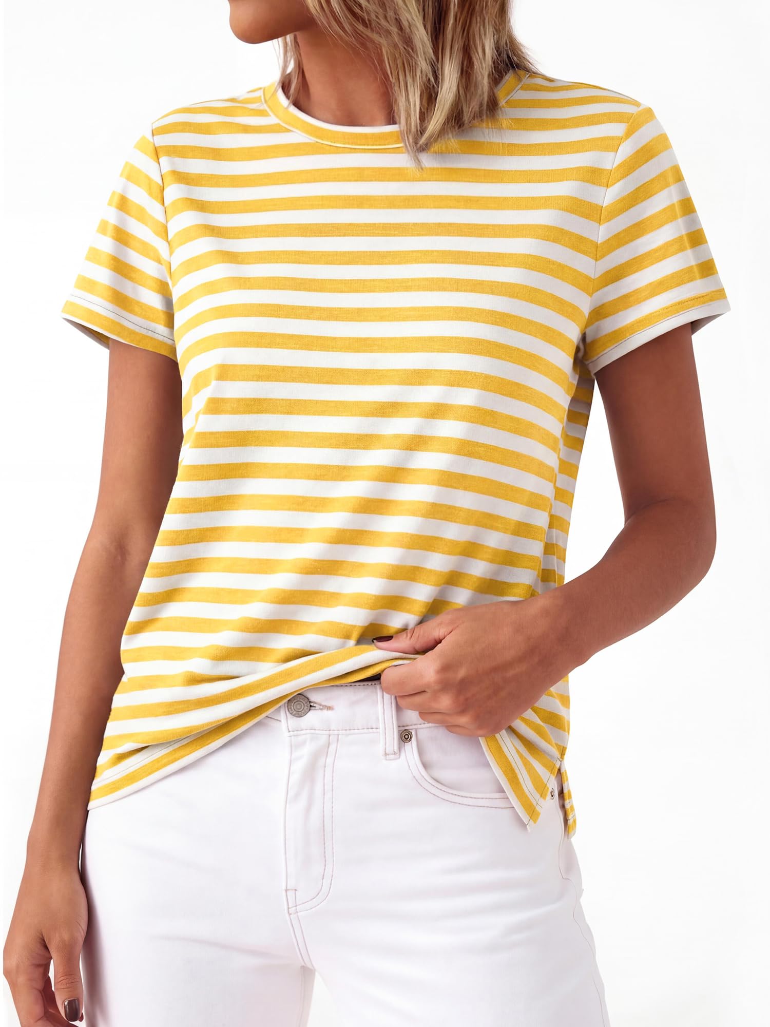 BTFBM Tops for Women Trendy Summer Crew Neck Short Sleeve T Shirts Striped Casual Vacation Blouse Basic Tee