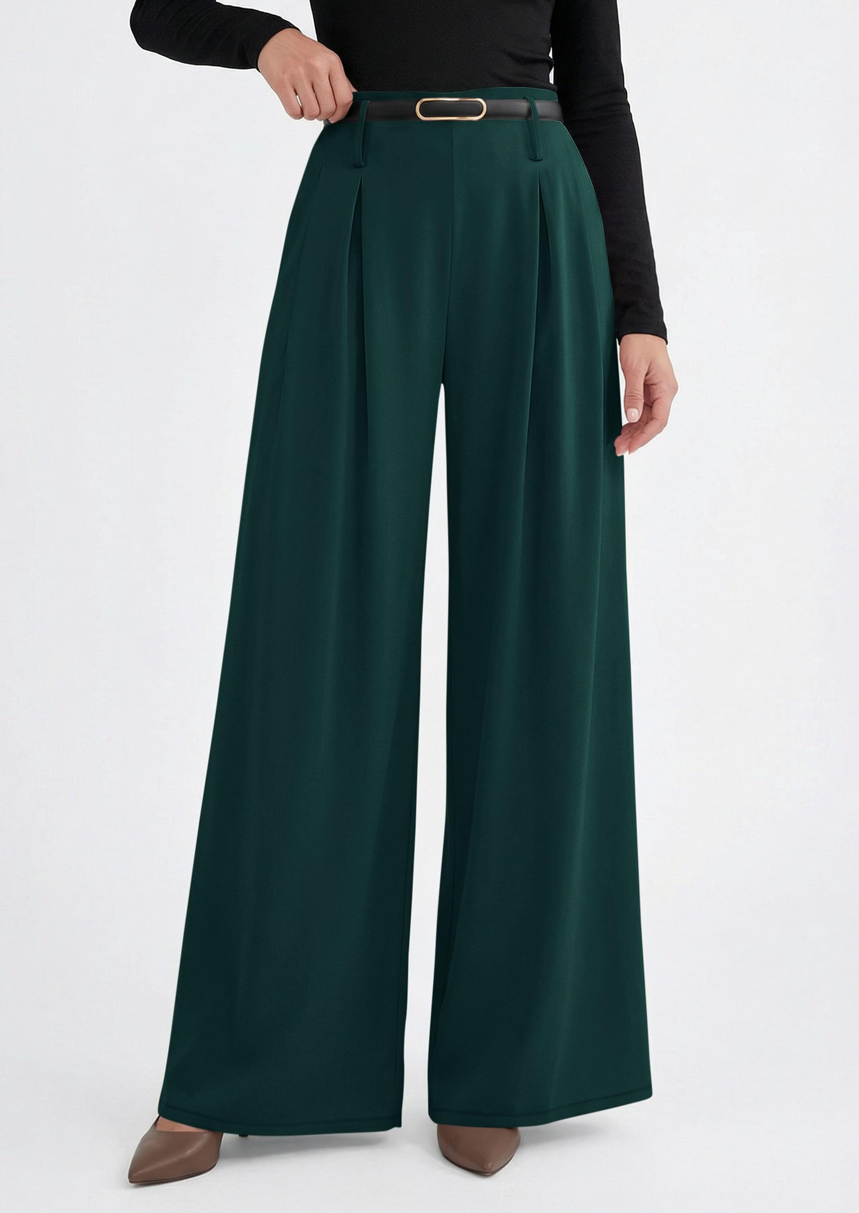PRETTYGARDEN Womens Spring Wide Leg Trousers High Elastic Waist Loose Pleated Long Flowy Palazzo Work Pants with Pockets