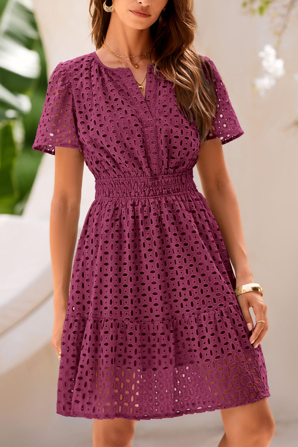 PRETTYGARDEN Womens Summer Short Dress V Neck Short Sleeve A Line Hollow Out Lace Ruffle Cute Casual Beach Party Dresses