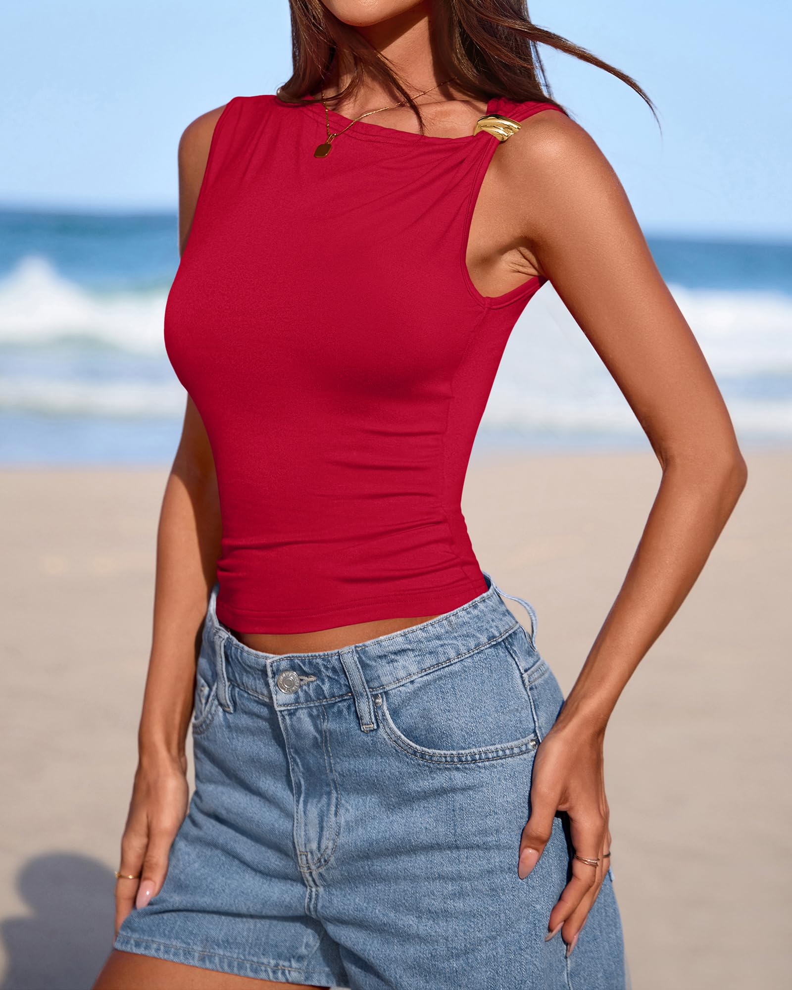 FreshPretty Spring Tops for Women Asymmetrical Neck Sleeveless Going Out Summer Outfits Casual Ruched Y2k Tank Top Clothes