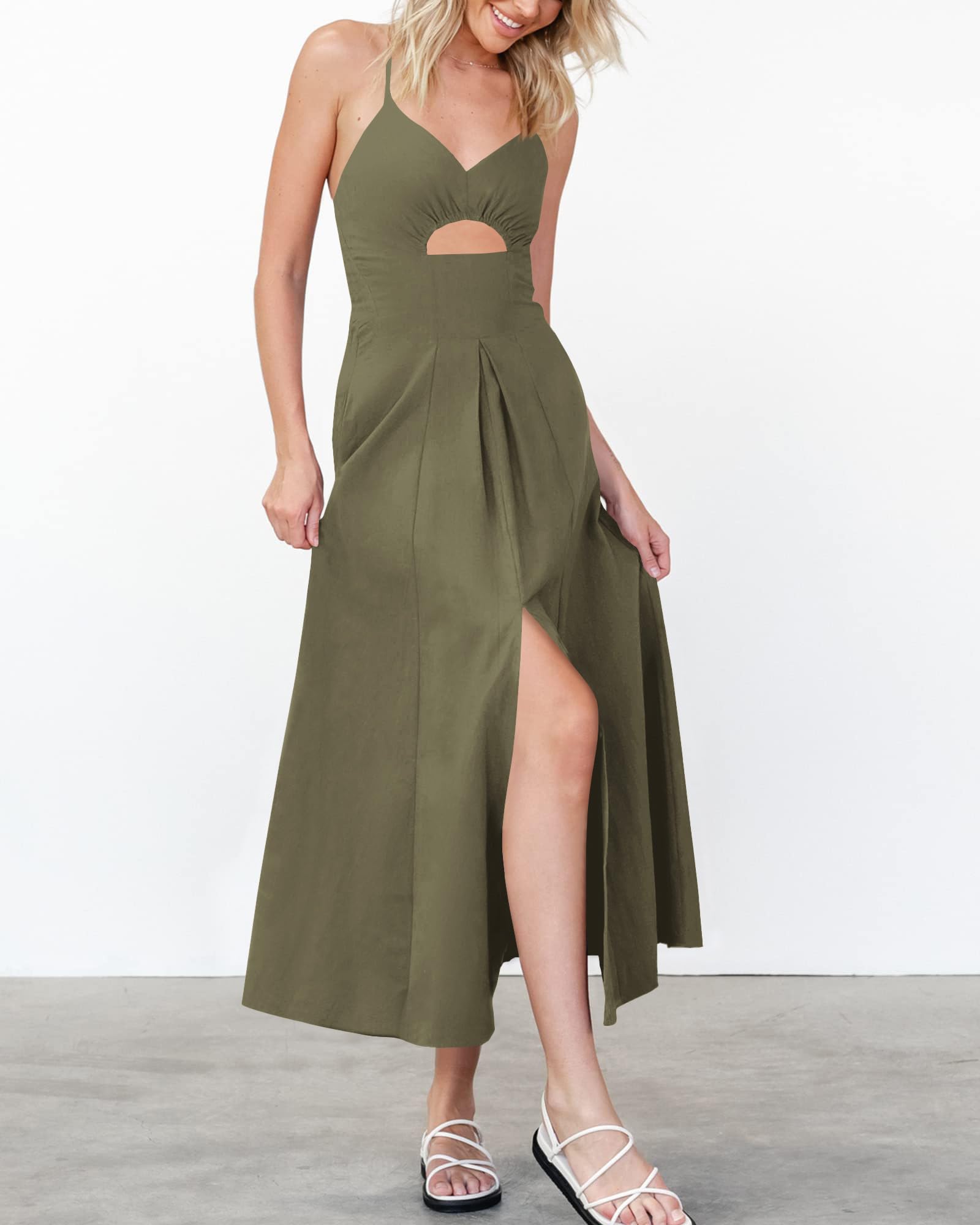 BTFBM Women Spaghetti Strap Midi Summer Dresses Sleeveless V Neck Cutout Slit Casual Beach Party Maxi Dress Pockets
