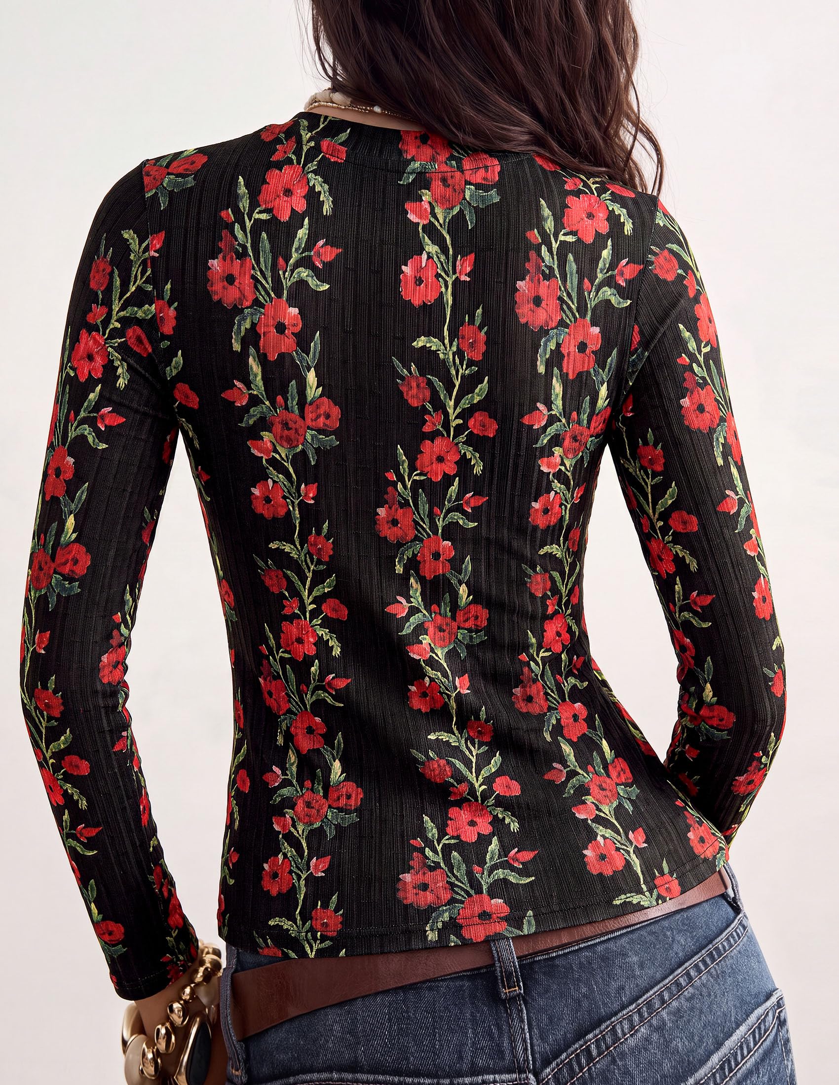 PRETTYGARDEN Womens Long Sleeve Shirts Floral Y2K Tops Soft Lightweight Ribbed Knit Top,Fitted Waist,Crew Neck Slim Fit,Going Out Vacation Outfits,Layering Fall Winter Clothes