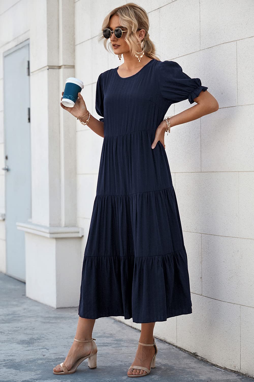PRETTYGARDEN Summer Dresses for Women Casual Floral Boho Midi Sun Dress Puff Short Sleeve Flowy Beach Vacation Sundress