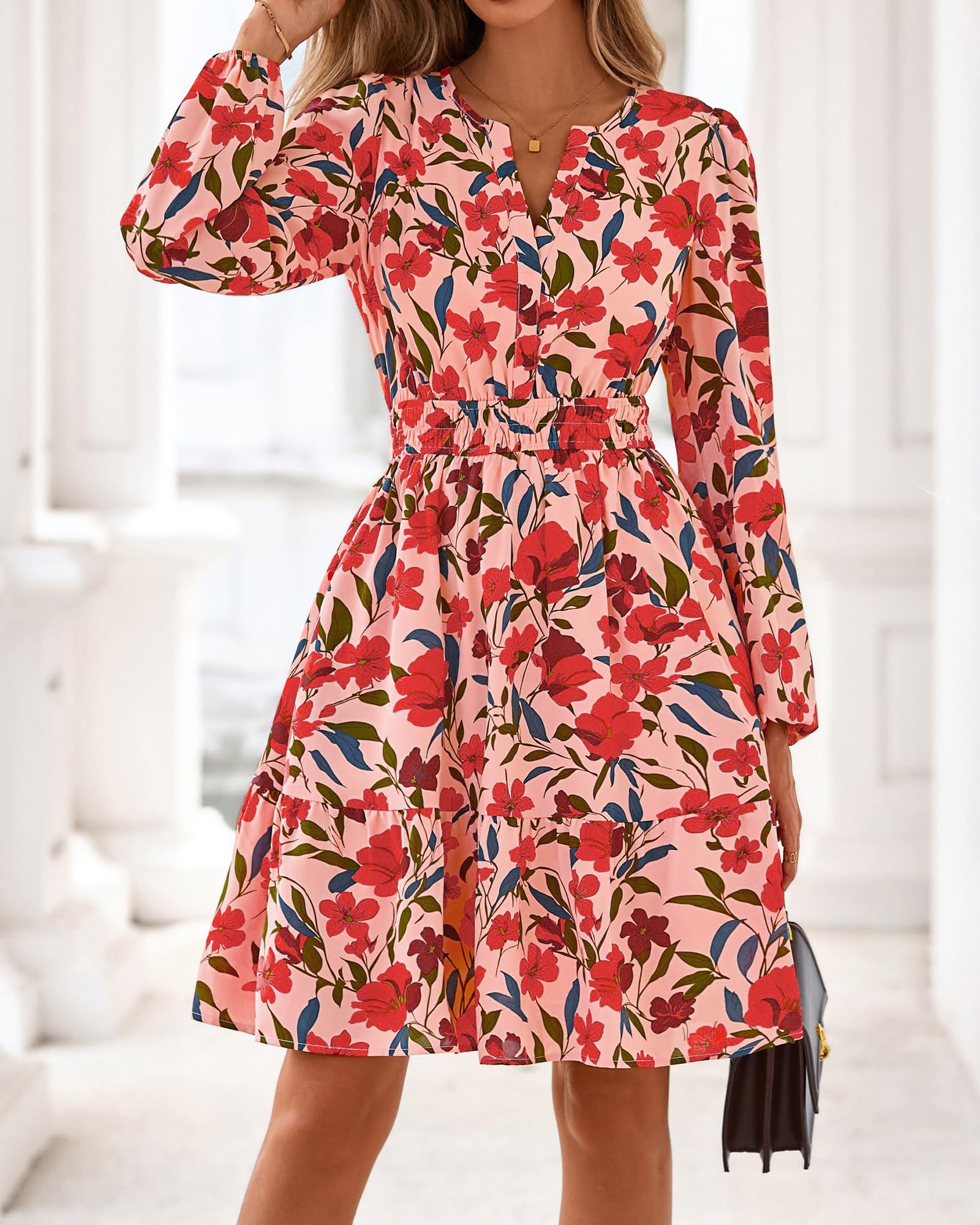 BTFBM Spring Dresses for Women Mini Long Sleeve Elastic Waist Summer Vacation Outfits Floral Wedding Guest Dress