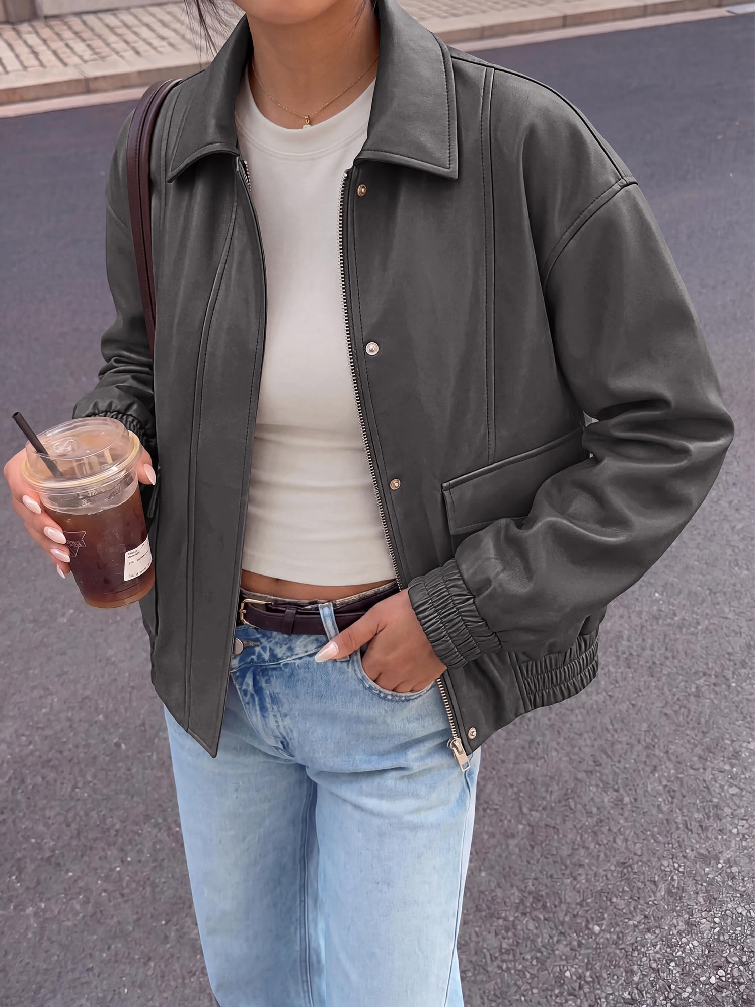 BTFBM Faux Leather Jacket Women Fall Clothes Long Sleeve, Bomber Jackets, Snaps, Pockets, Oversized, Zip Up Motorcycle Outerwear, Airport, Going Out Outfits, Winter Coat
