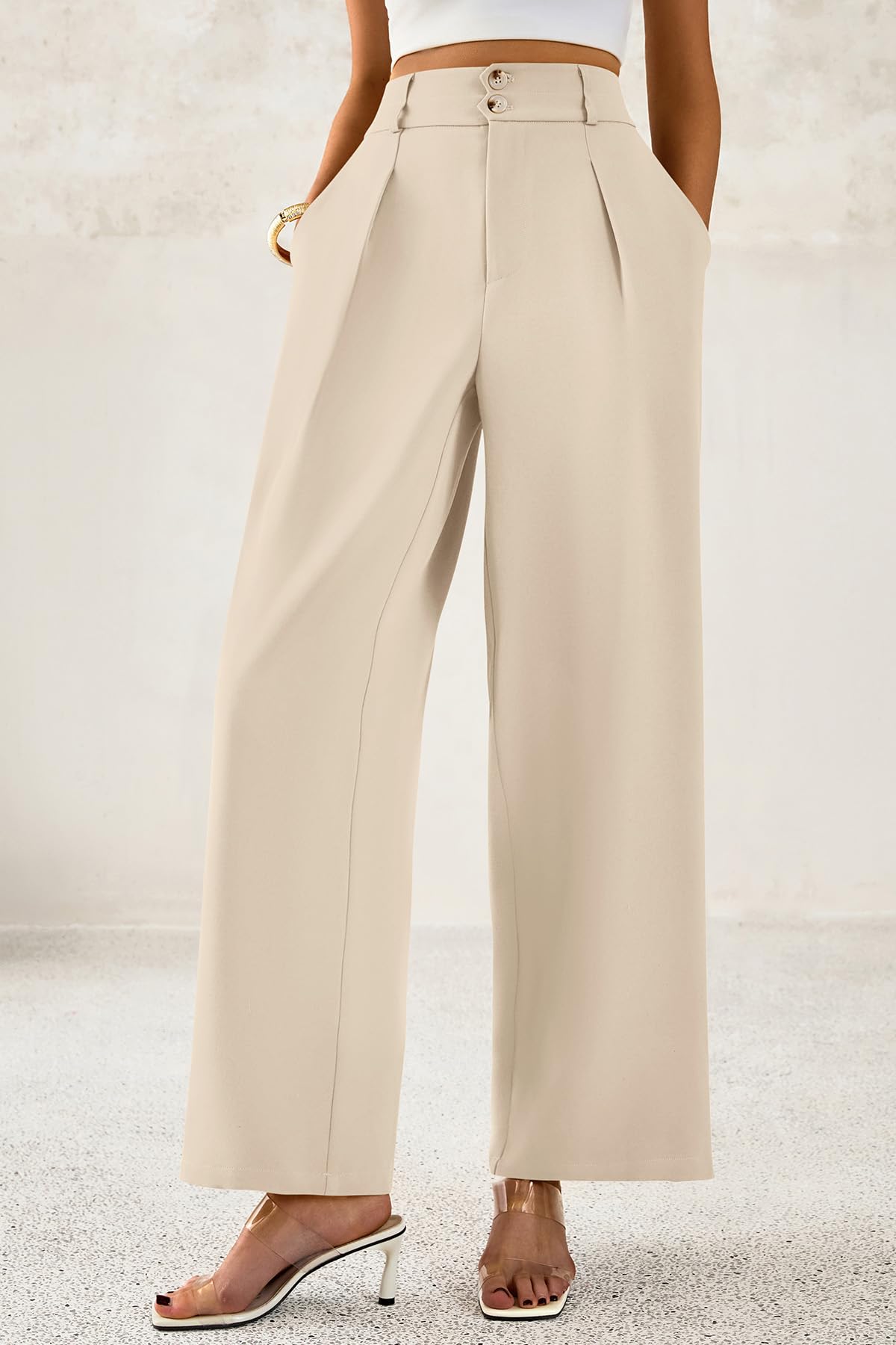 FreshPretty Women Wide Leg Dress Pants High Waist Work Trousers Button Pleated Slacks Palazzo Pants Business Casual Outfits