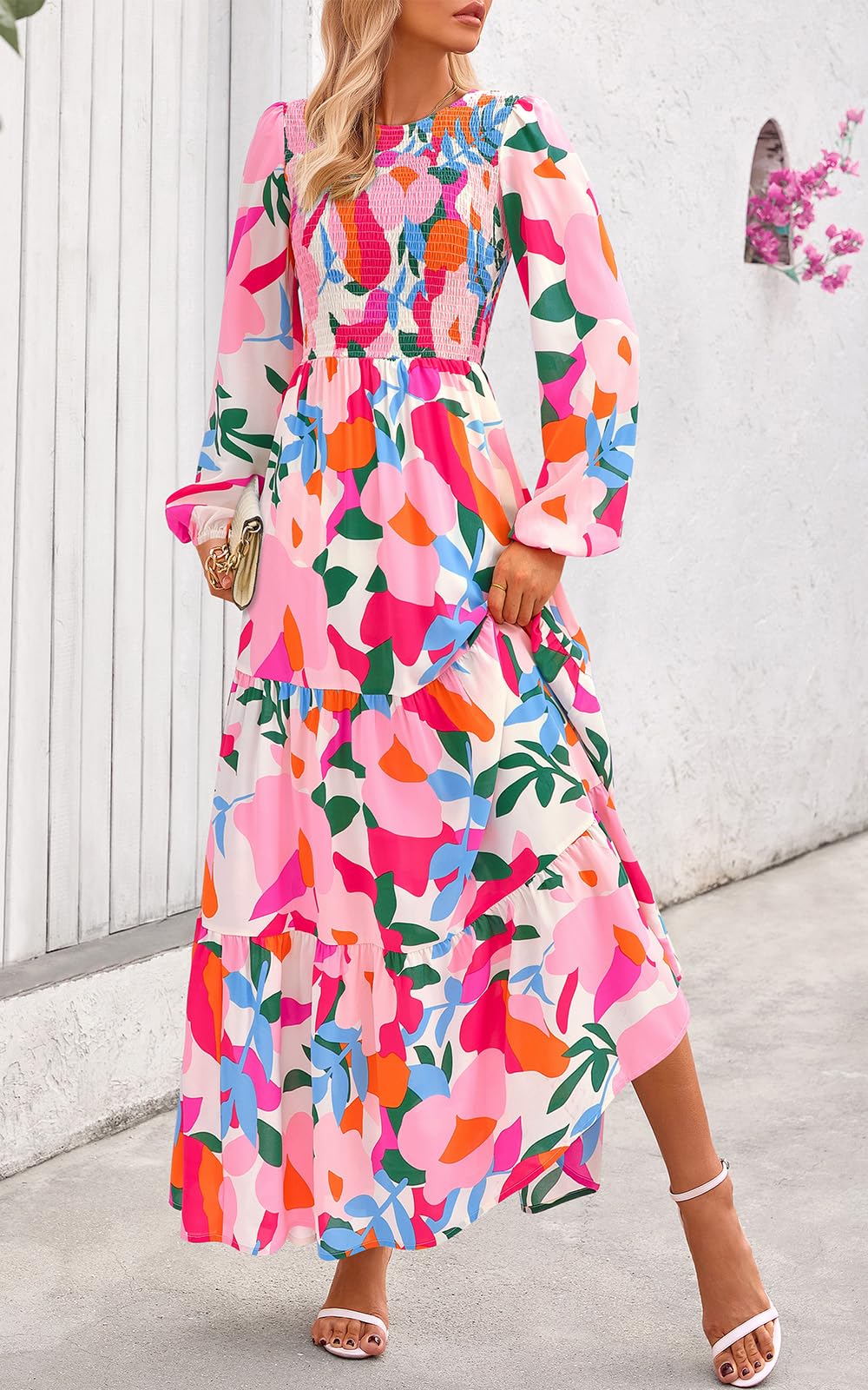 PRETTYGARDEN Women's Fall Dresses Long Sleeve Flowy Casual Floral Maxi Dress Crew Neck Smocked Tiered Long Dress