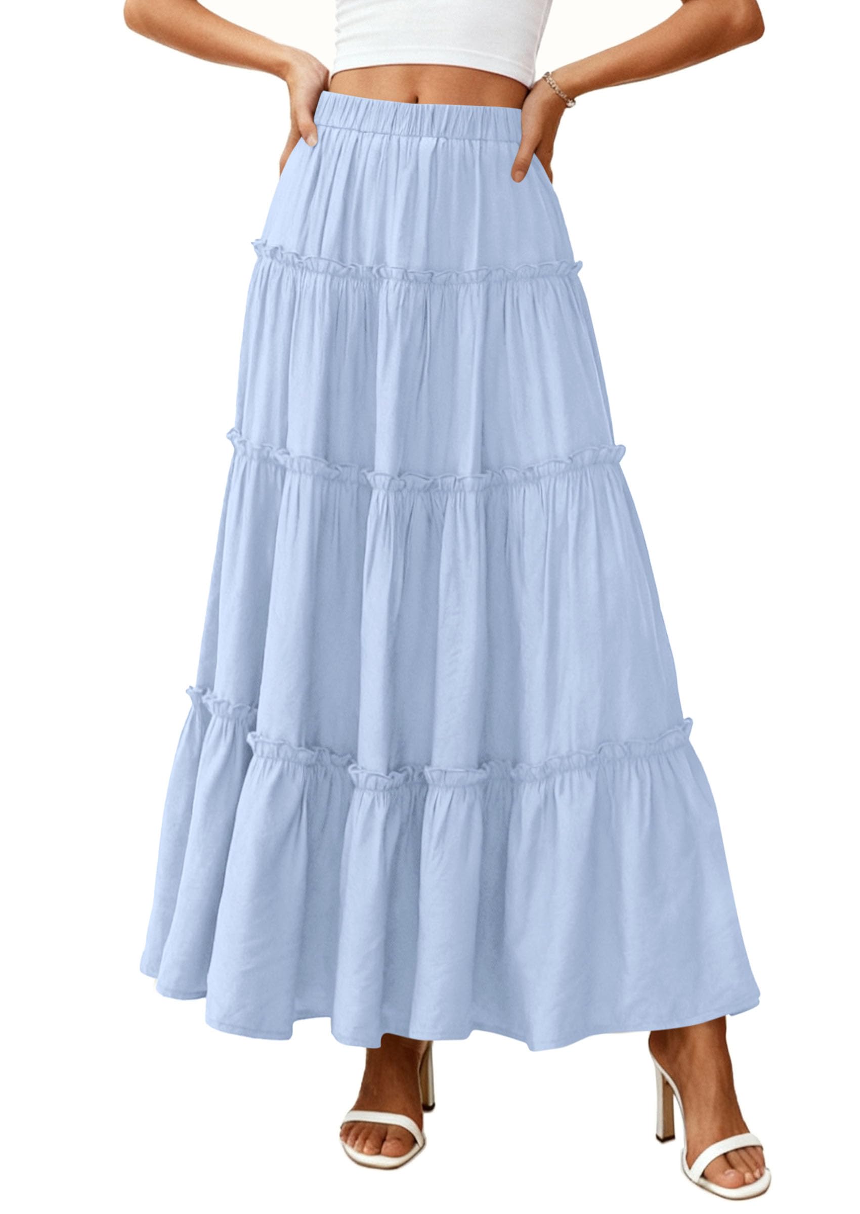 PRETTYGARDEN Women's Tiered Maxi Skirt Summer Spring Fashion High Waisted Long Flowy Casual Boho Beach Vacation Clothes