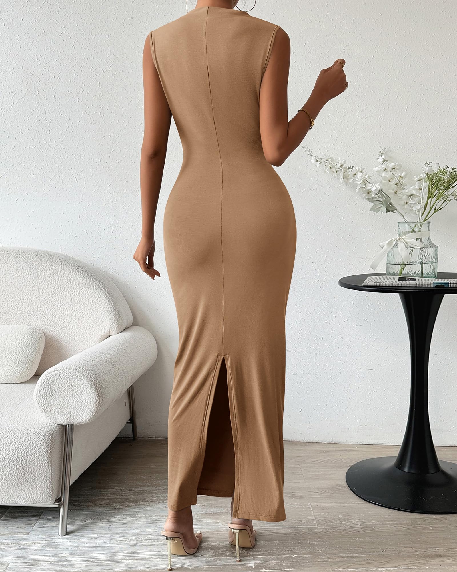 BTFBM Women's Ruched Bodycon Dress Summer Casual Sleeveless Lightweight Back Slit Elegant Club Party Cocktail Maxi Dresses