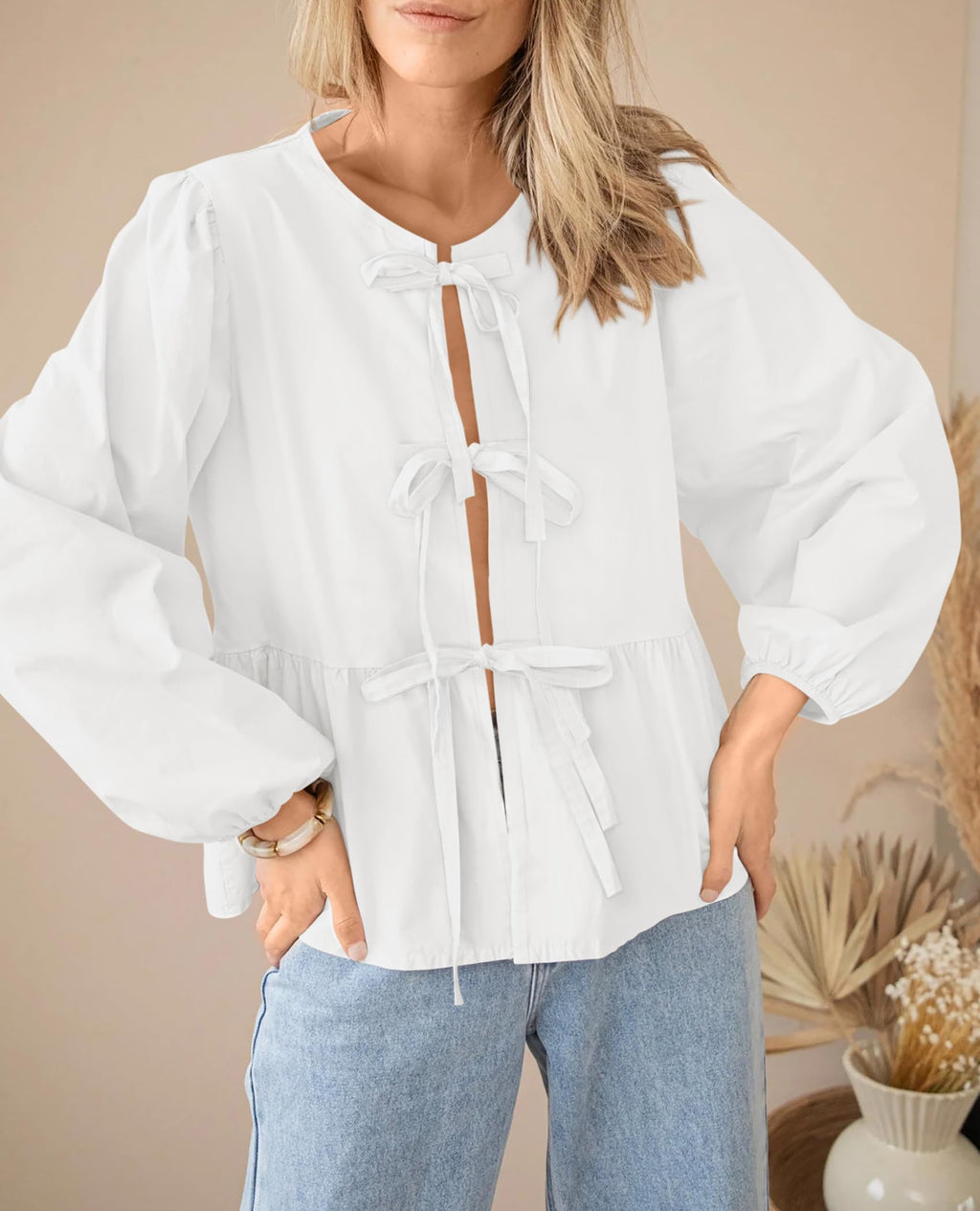 PRETTYGARDEN Women's Spring Fall Babydoll Peplum Blouse Shirt Puff Long Sleeve Bow Tie Front Trendy Cute Y2K Going Out Tops