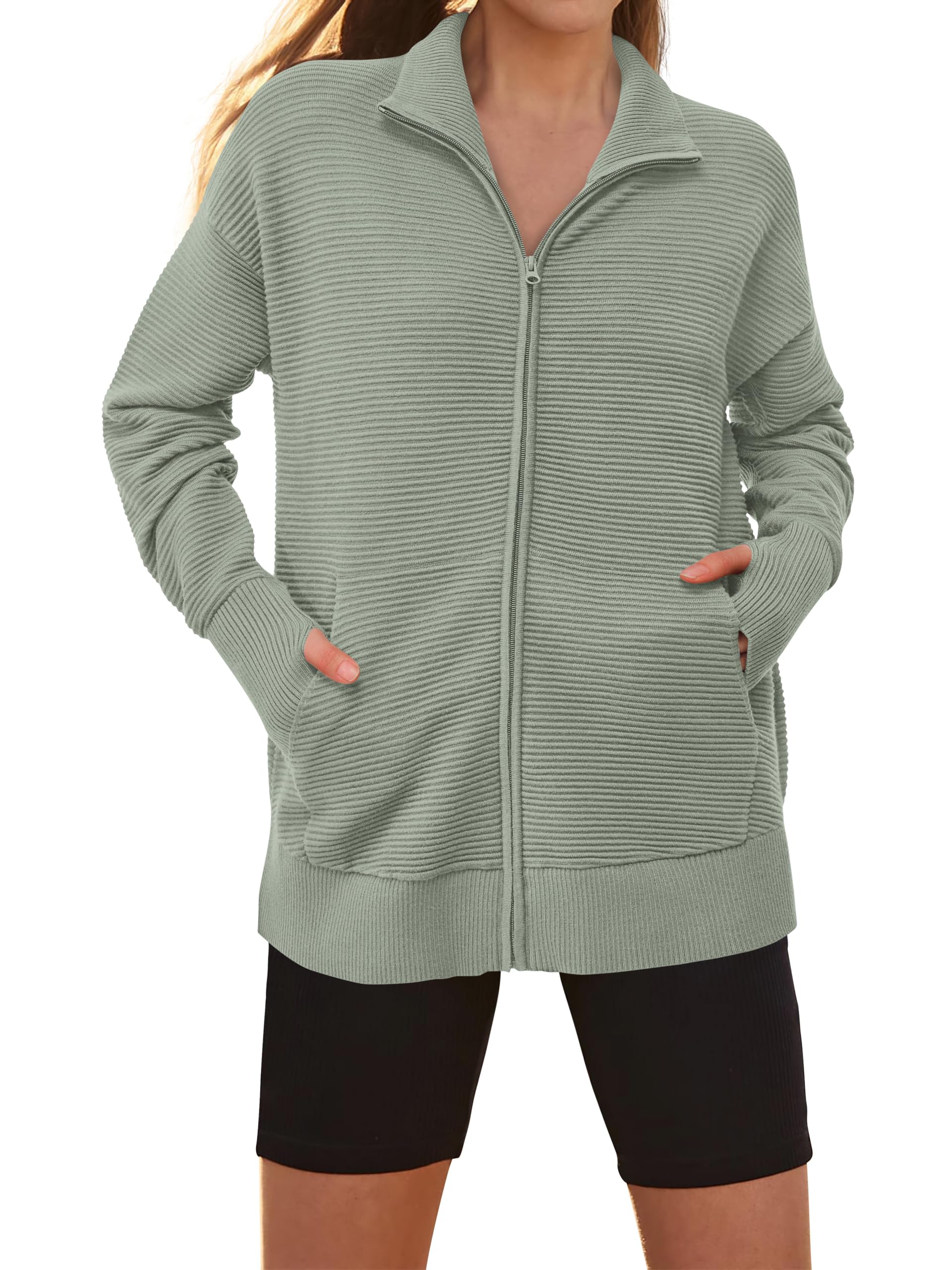 PRETTYGARDEN Womens Fall Long Sleeve Zip Up Cardigan Sweaters Casual Loose Collared Ribbed Knit Tops Jackets Thumb Hole