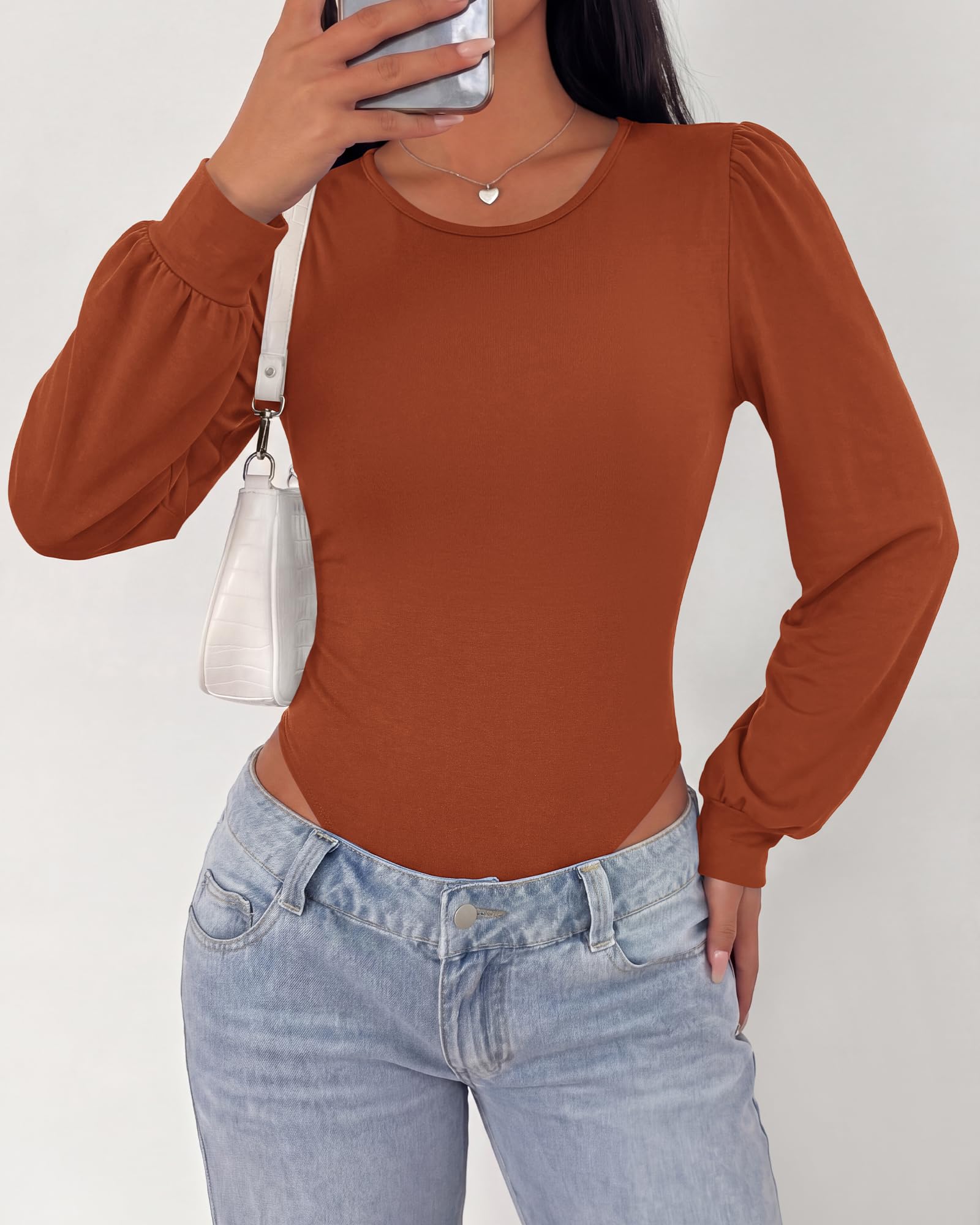 BTFBM Long Puff Sleeve Bodysuits for Women | Crew Neck 2 Snap Crotch Thong Shapewear,Stretchy Knit Leotards,Casual Y2K Going Out Tops,Winter Layer,Fall Fashion Clothing