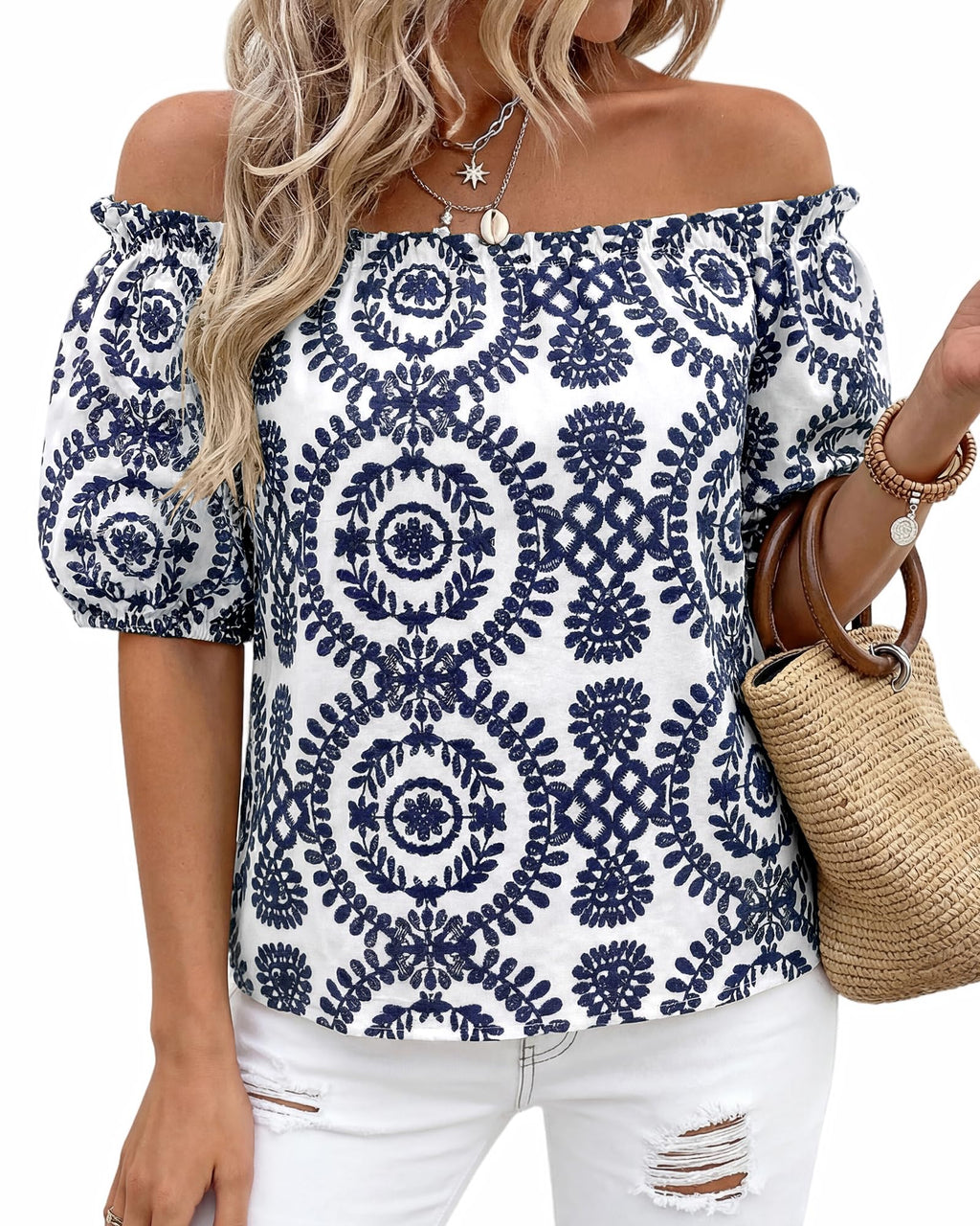 BTFBM Off The Shoulder Spring Tops for Women Summer Blouses Boho Floral Short Sleeve Shirts Dressy Casual Outfits