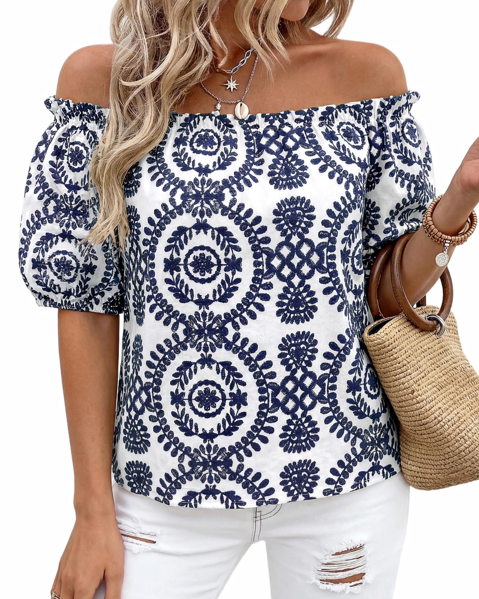 BTFBM Off The Shoulder Spring Tops for Women Summer Blouses Boho Floral Short Sleeve Shirts Dressy Casual Outfits