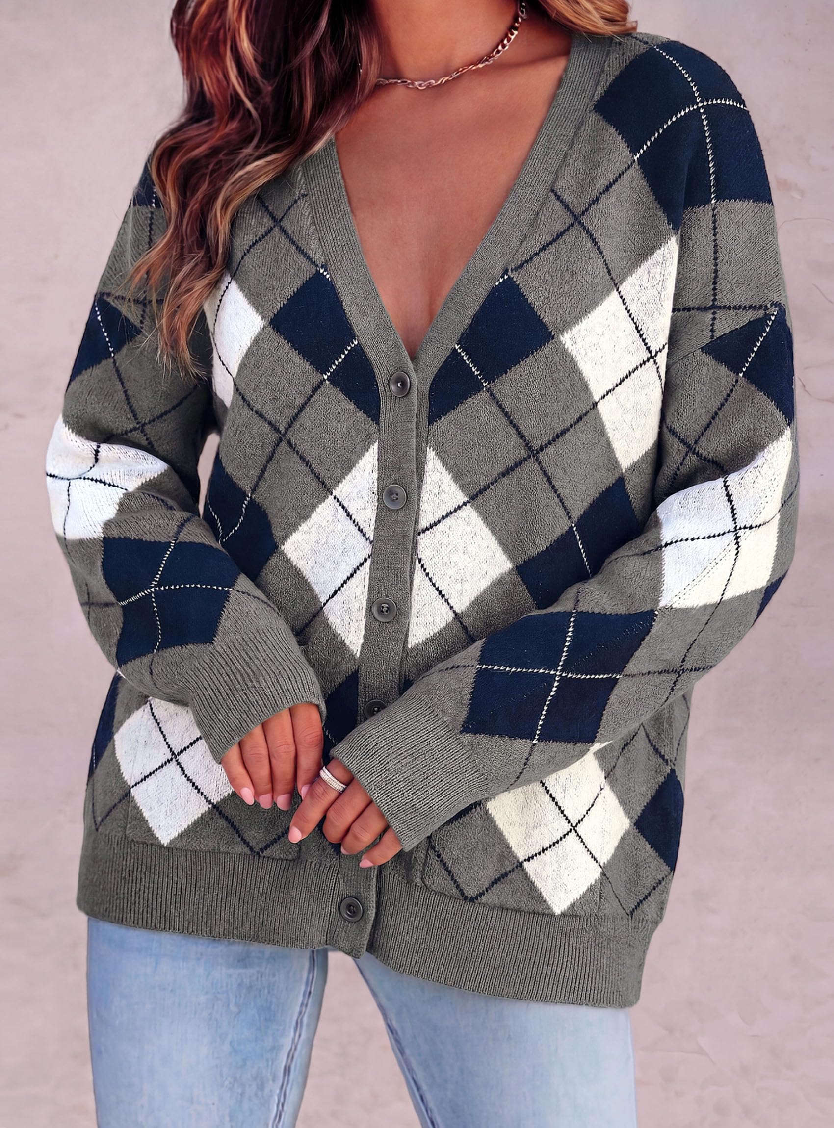 PRETTYGARDEN Women's Cardigan Argyle Winter Sweaters Cozy Warm Chunky Knit, Long Sleeve V Neck, Color Block Plaid, Button Up Pocket,Trendy Fall Jackets, Holiday Going Out Outfits