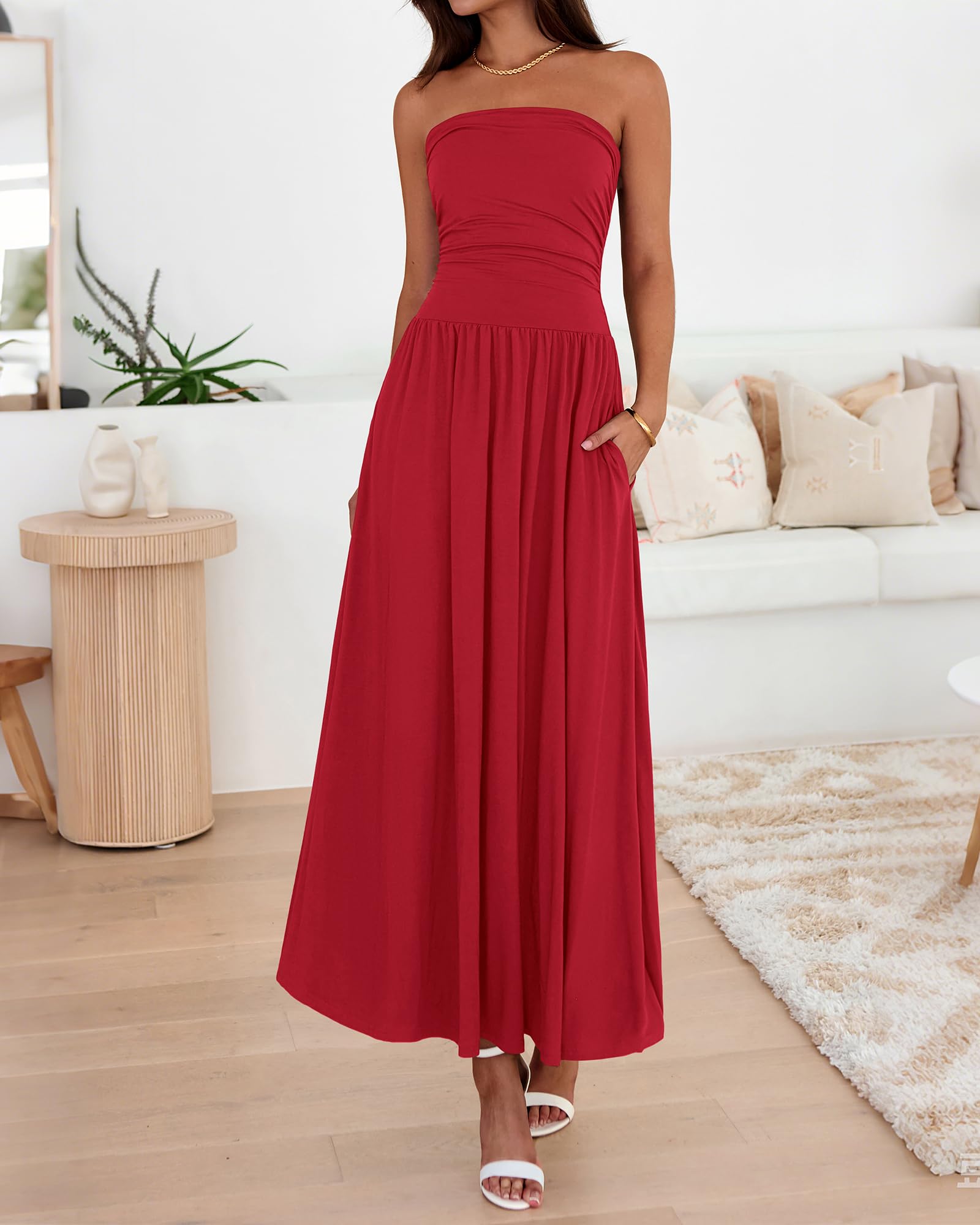 BTFBM Summer Maxi Dresses for Women Strapless Ruched Tube Top Beach Vacation Spring Wedding Guest Dress Pockets