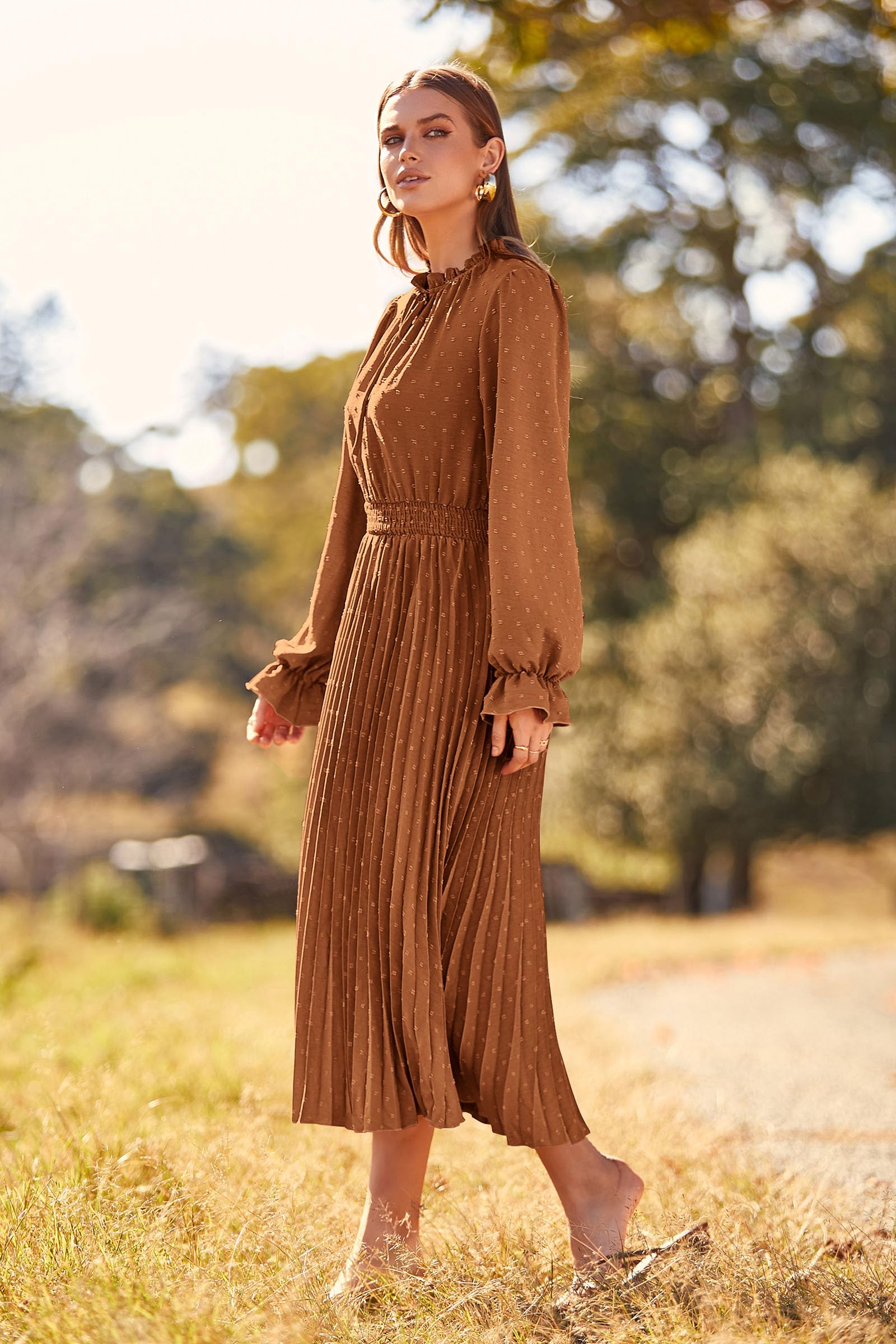 PRETTYGARDEN Women's Spring Fall Midi Dress Casual Long Sleeve V Neck Swiss Dot Pleated A Line Flowy Dresses