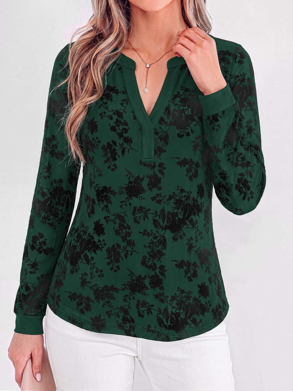 BTFBM Womens Tops Floral Sheer Mesh Long Sleeve Blouses Dressy Casual V Neck Flocked Mesh Shirts,Velvet-Like Flowers,Double Layered,Loose Fit Tunics,Business Casual Top,Fall Fashion Clothing