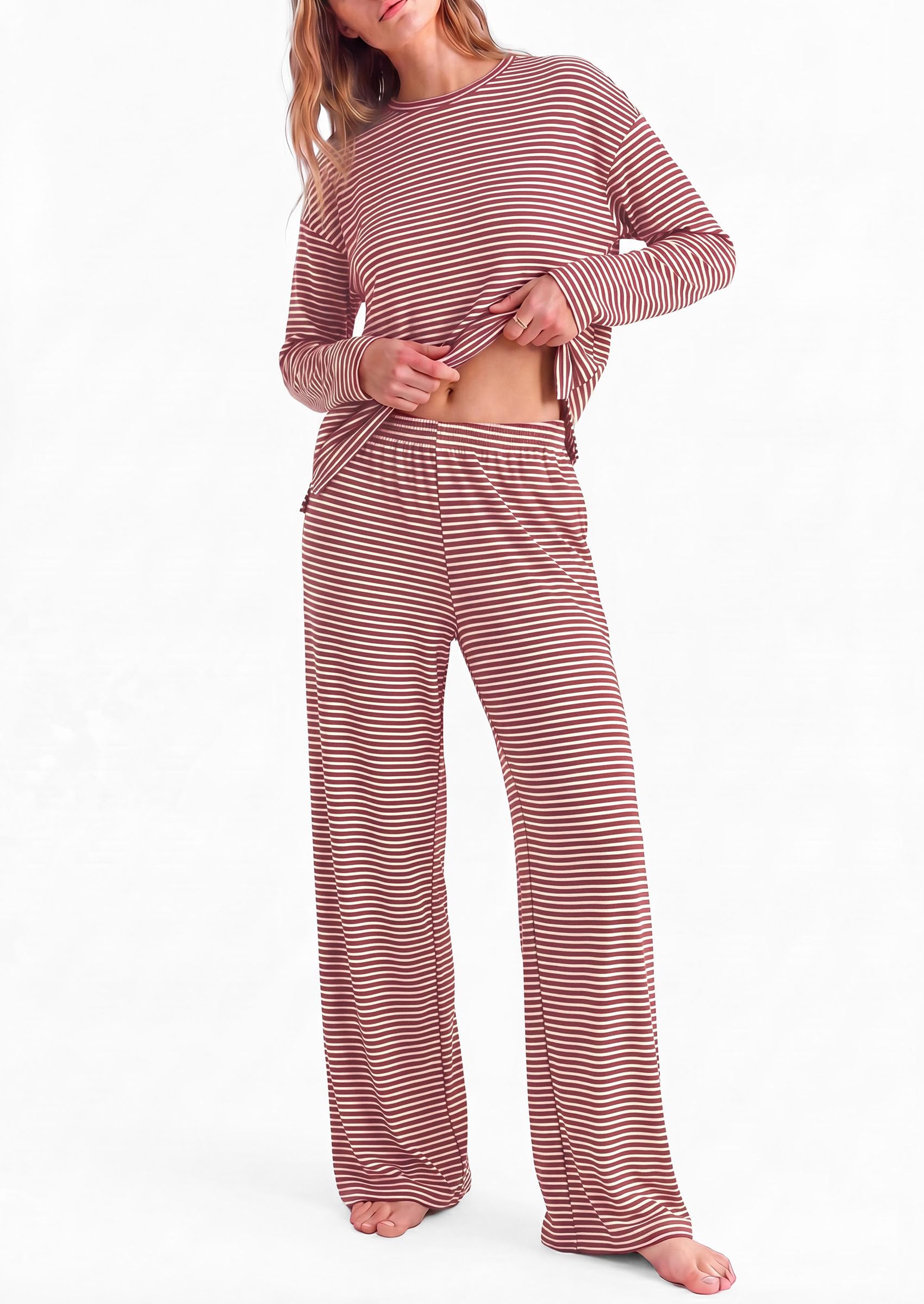 PRETTYGARDEN Womens Striped Lounge Set Fall Winter 2 Piece Sets Side Slit Long Sleeve T-Shirts & Wide Leg Pants, Matching Pajama Sets, Comfy Pj Set, Loungewear with Pockets, Fashion Clothes